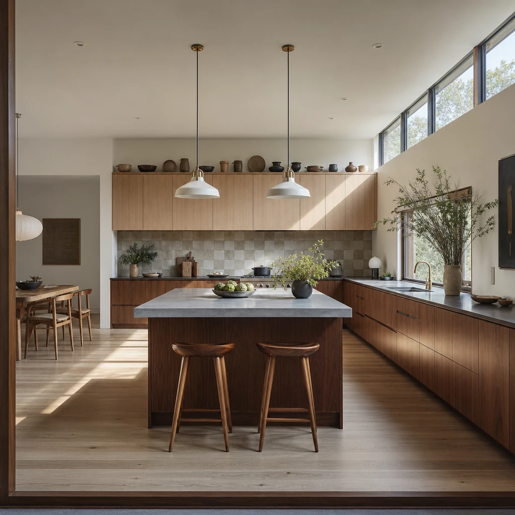 Mid century modern Japandi kitchen with walnut lower cabinets, white oak uppers, a concrete island, checker tile backsplash, and clerestory windows casting soft morning light across pale oak floors.