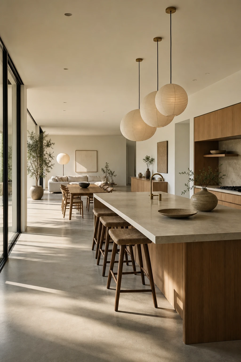 Mid Century Modern Japandi kitchen open plan layout flowing into living and dining zones with warm neutral walls and natural timber accents