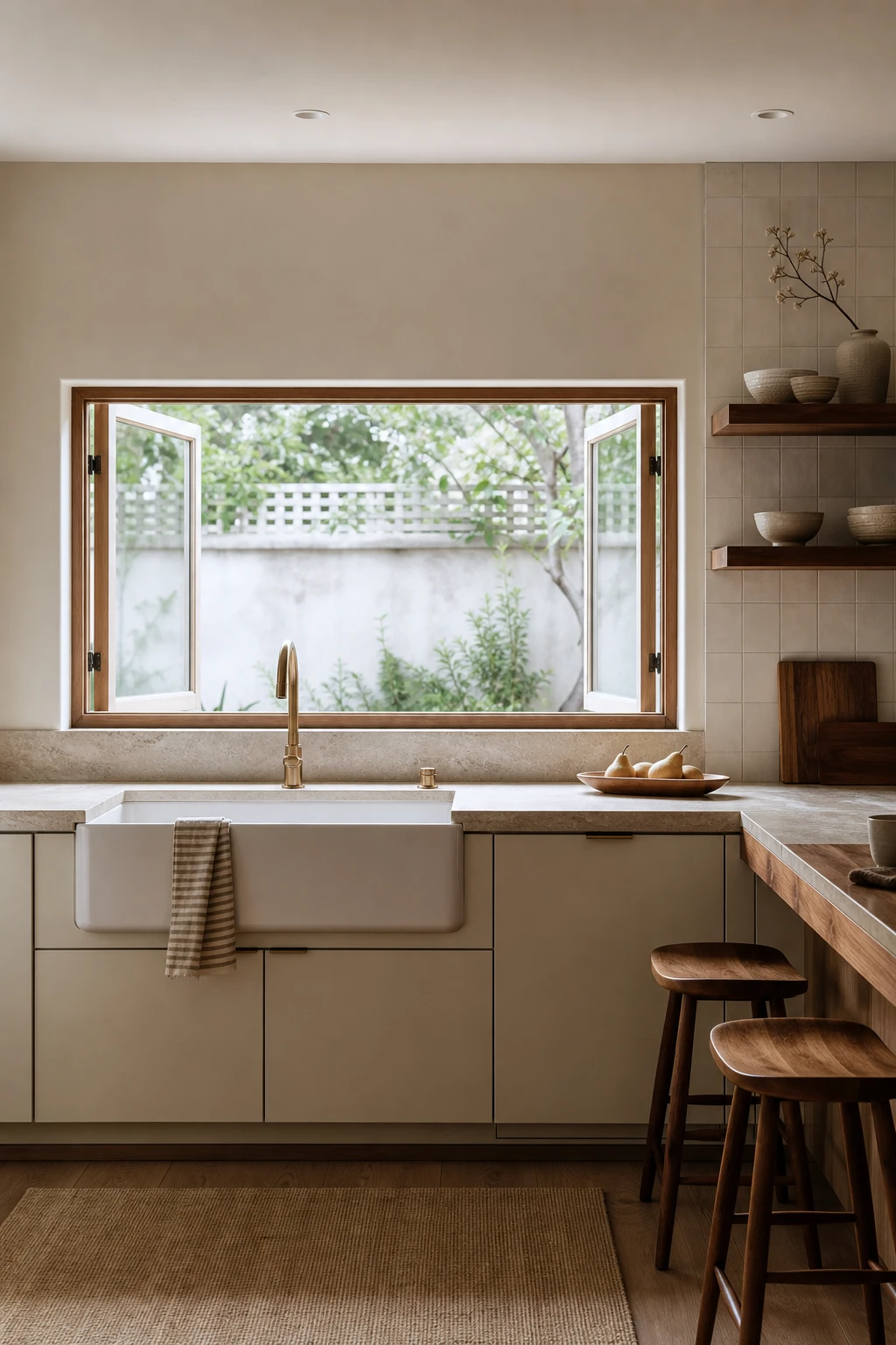 Mid century modern Japandi kitchen with a large window over the sink framing a garden view, pale cool white cabinetry, warm wood open shelving, and stone countertops