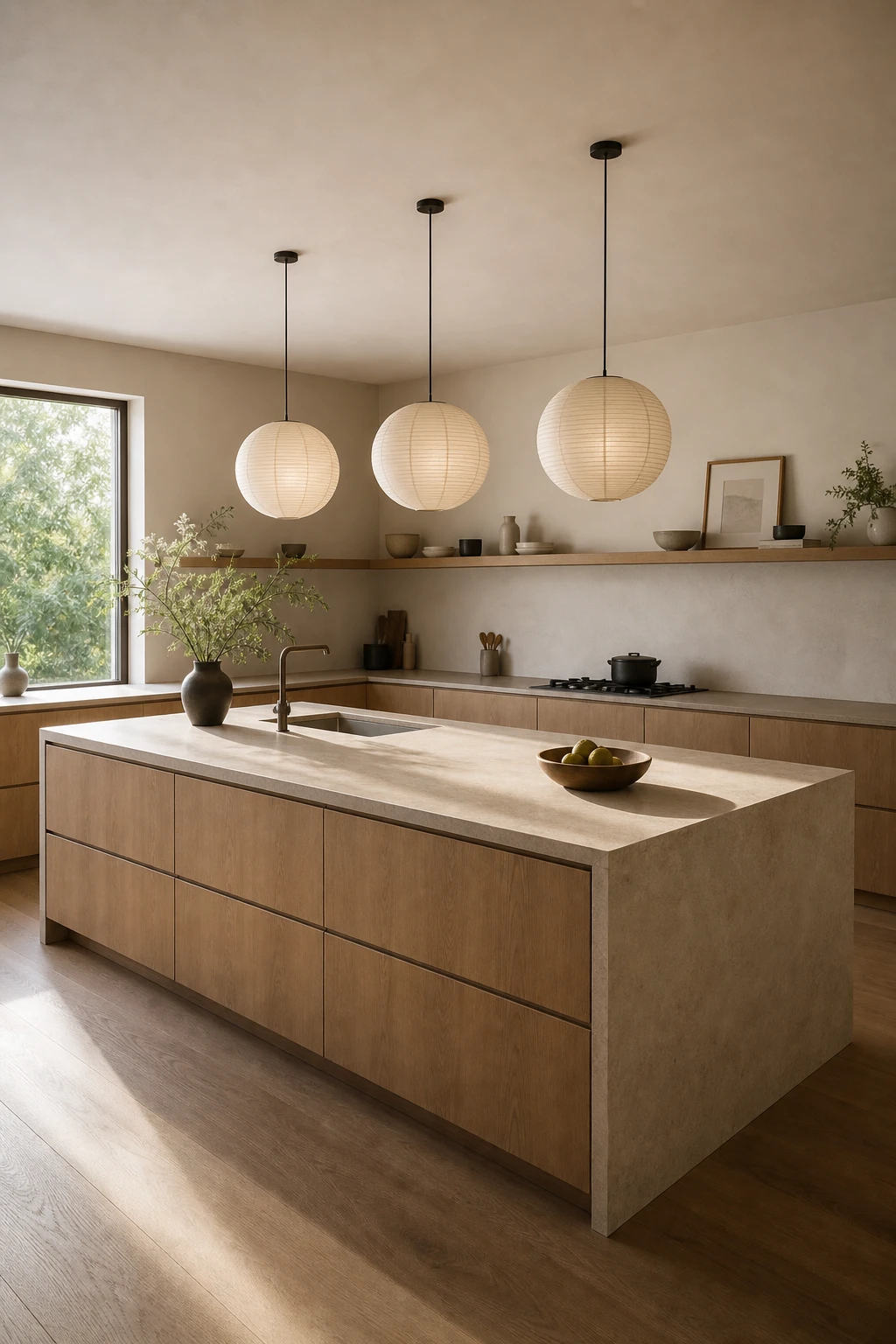 Mid Century Modern Japandi kitchen with a low profile waterfall island in warm oak, matte stone countertop, handleless cabinetry, and Farrow and Ball Elephants Breath walls
