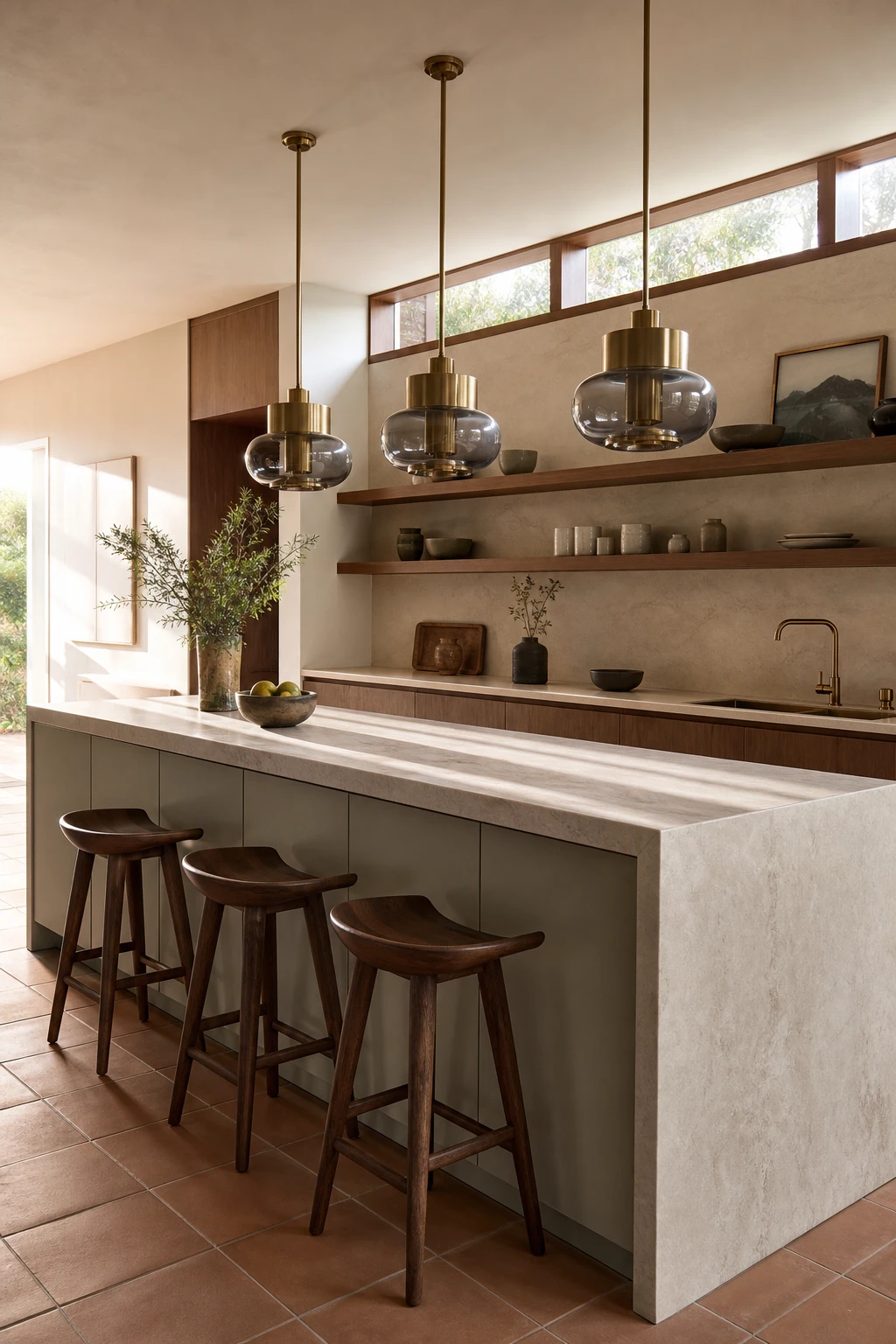 Mid century modern Japandi kitchen with a row of sculptural pendants over a wide timber island, warm natural light, flat front cabinetry in Farrow and Ball String