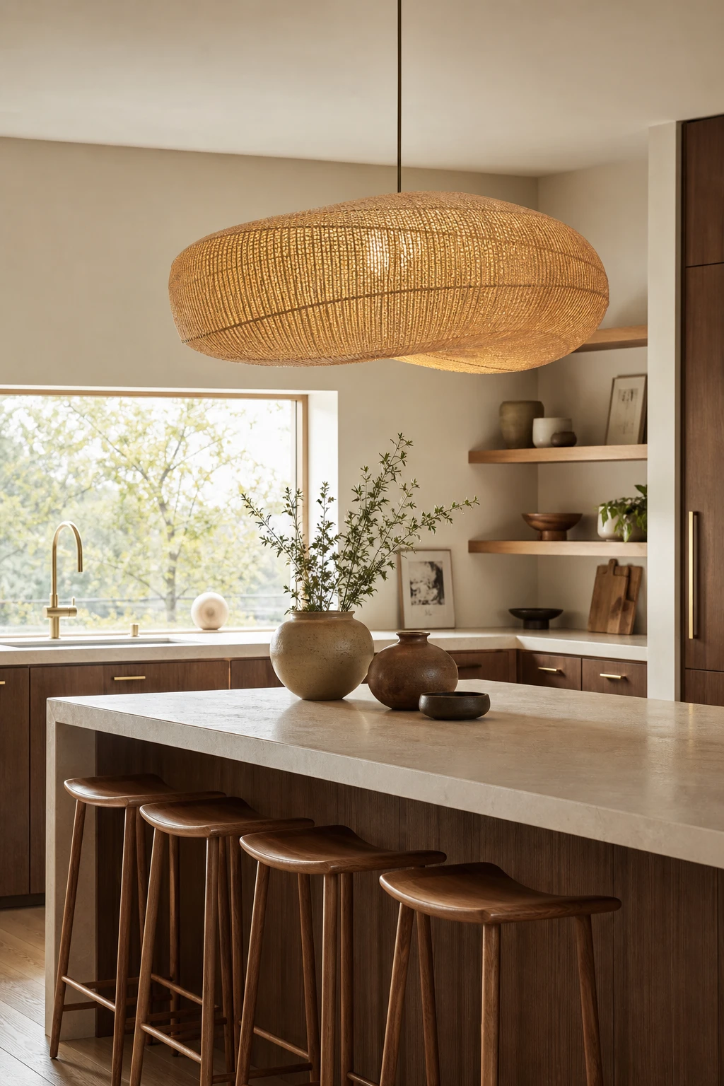 Mid century modern Japandi kitchen with a wabi sabi woven pendant light over an island, warm oak cabinetry, stone countertop and Farrow and Ball Dimity walls