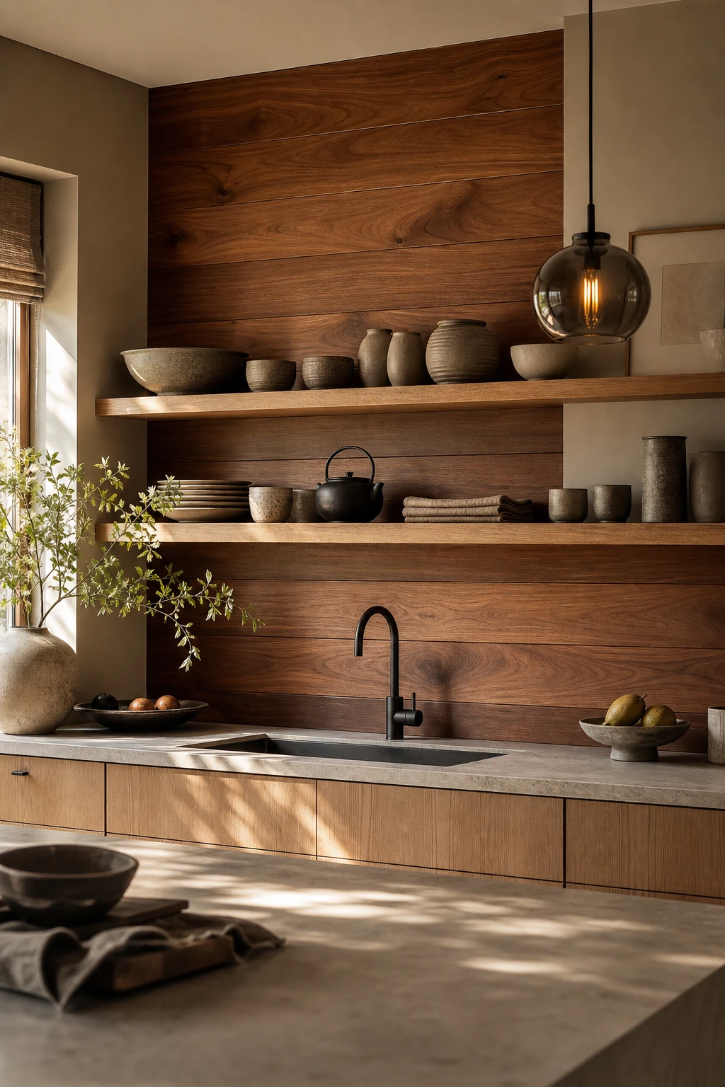 Mid century modern Japandi kitchen with a walnut backsplash as the hero behind open shelves, warm neutral walls in Farrow and Ball Stony Ground paint