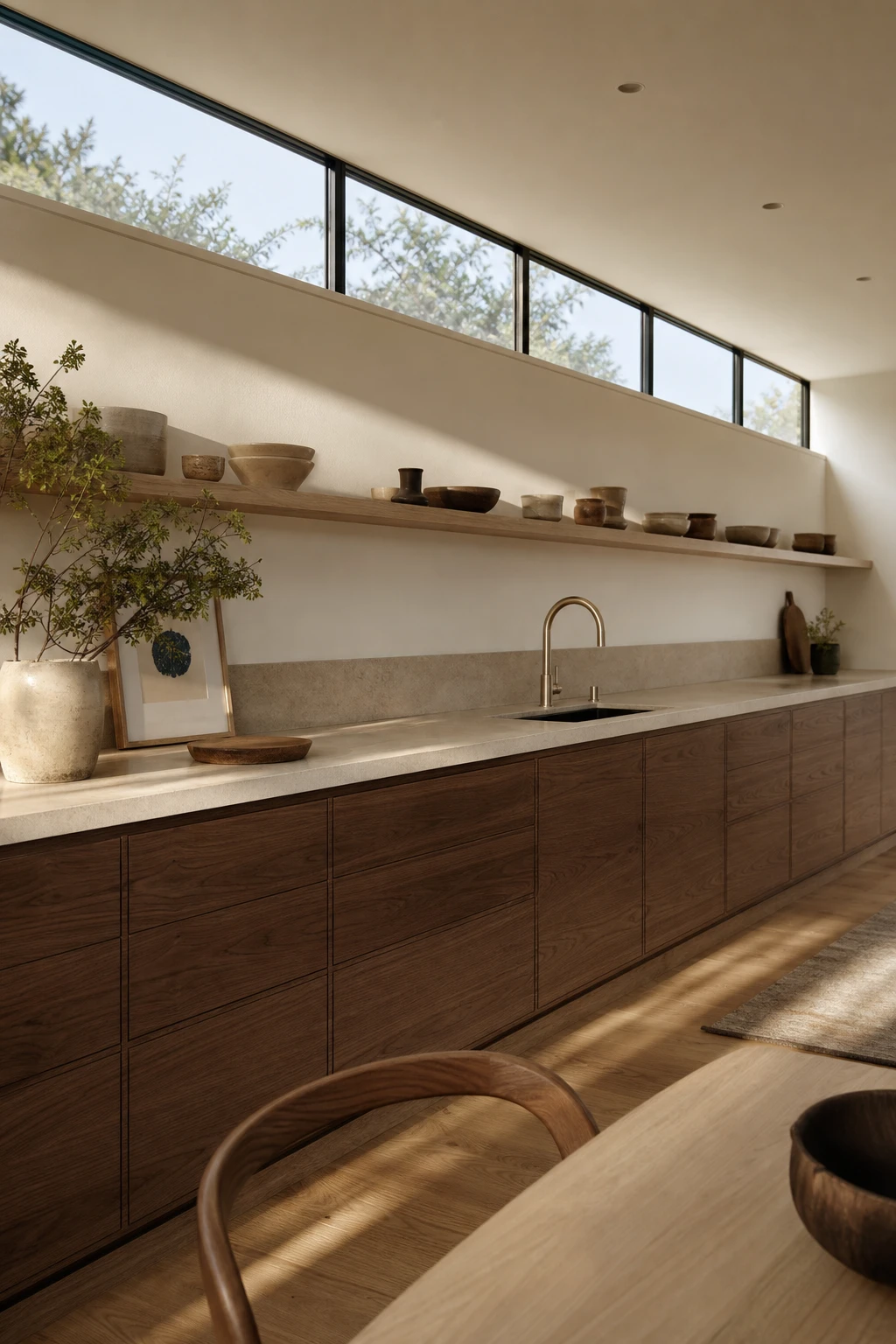 Mid century modern Japandi kitchen with clerestory windows flooding the space with soft natural light, warm white walls, and full lower cabinetry below