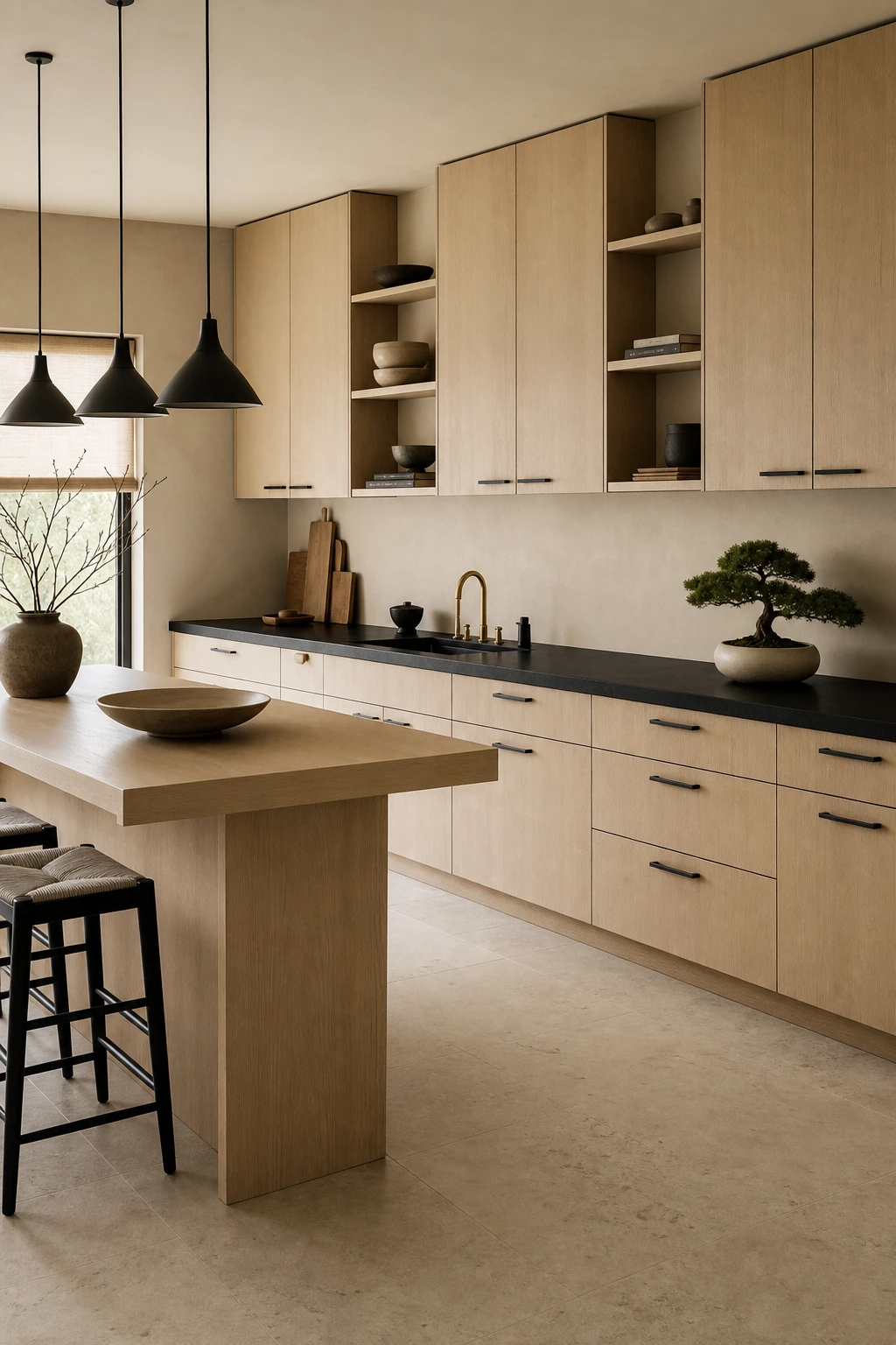 Mid Century Modern Japandi kitchen with cream wood cabinetry and matt black accents, warm natural light, Farrow and Ball Au Lait painted walls