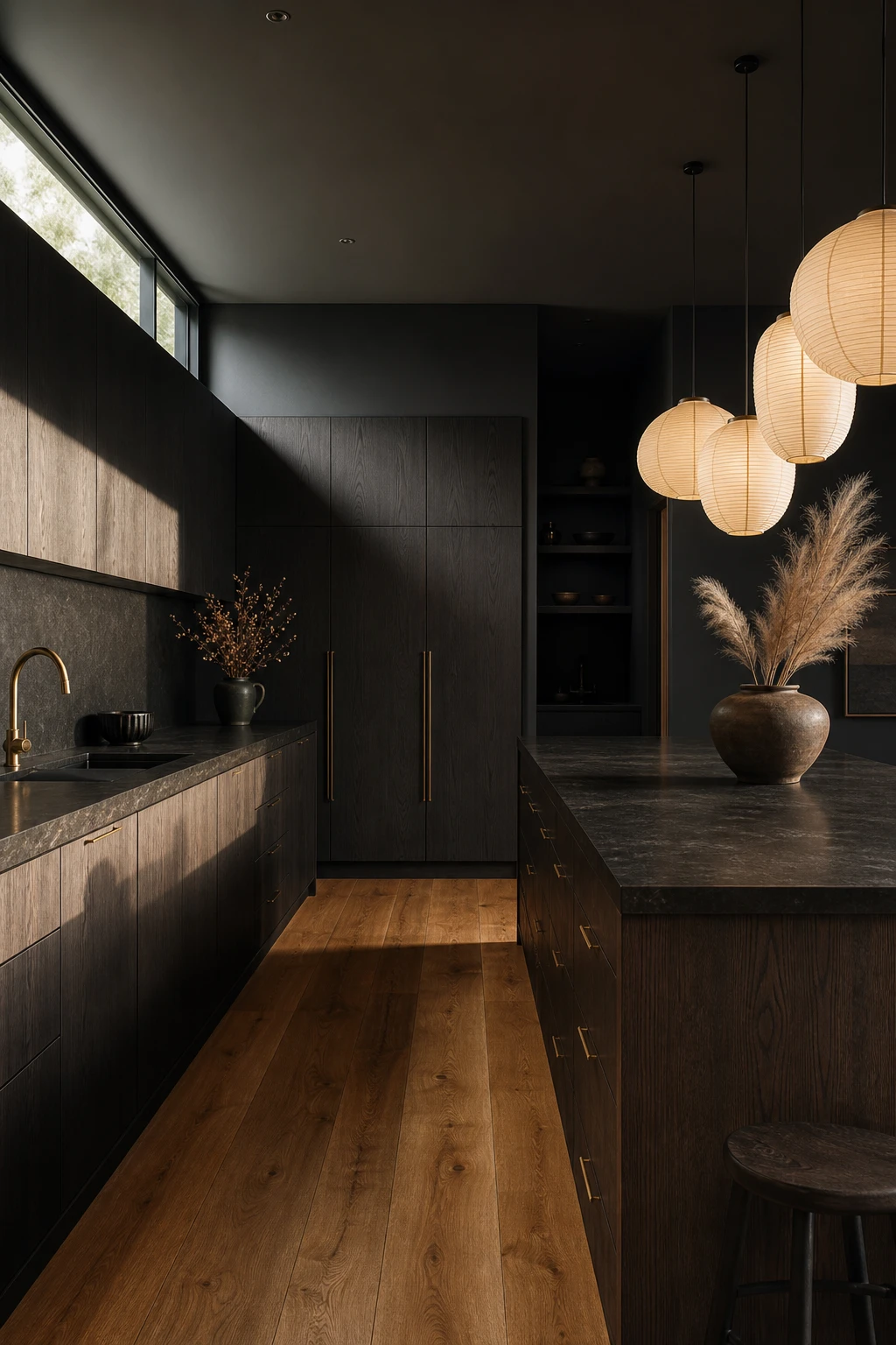 Mid century modern Japandi kitchen with dark grey cabinetry warm timber floors washi paper pendants and Down Pipe painted walls in dramatic natural light