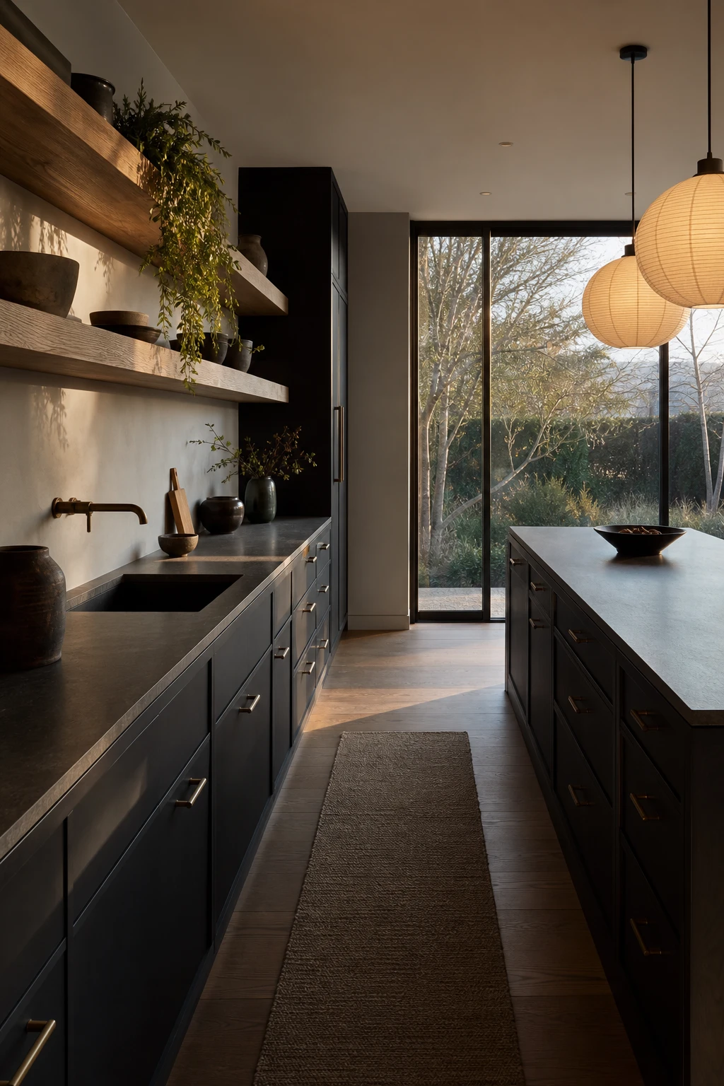 Mid Century Modern Japandi kitchen with deep black lower cabinets, raw oak open shelving, warm pendant lighting, and matte stone countertops in a serene minimal layout