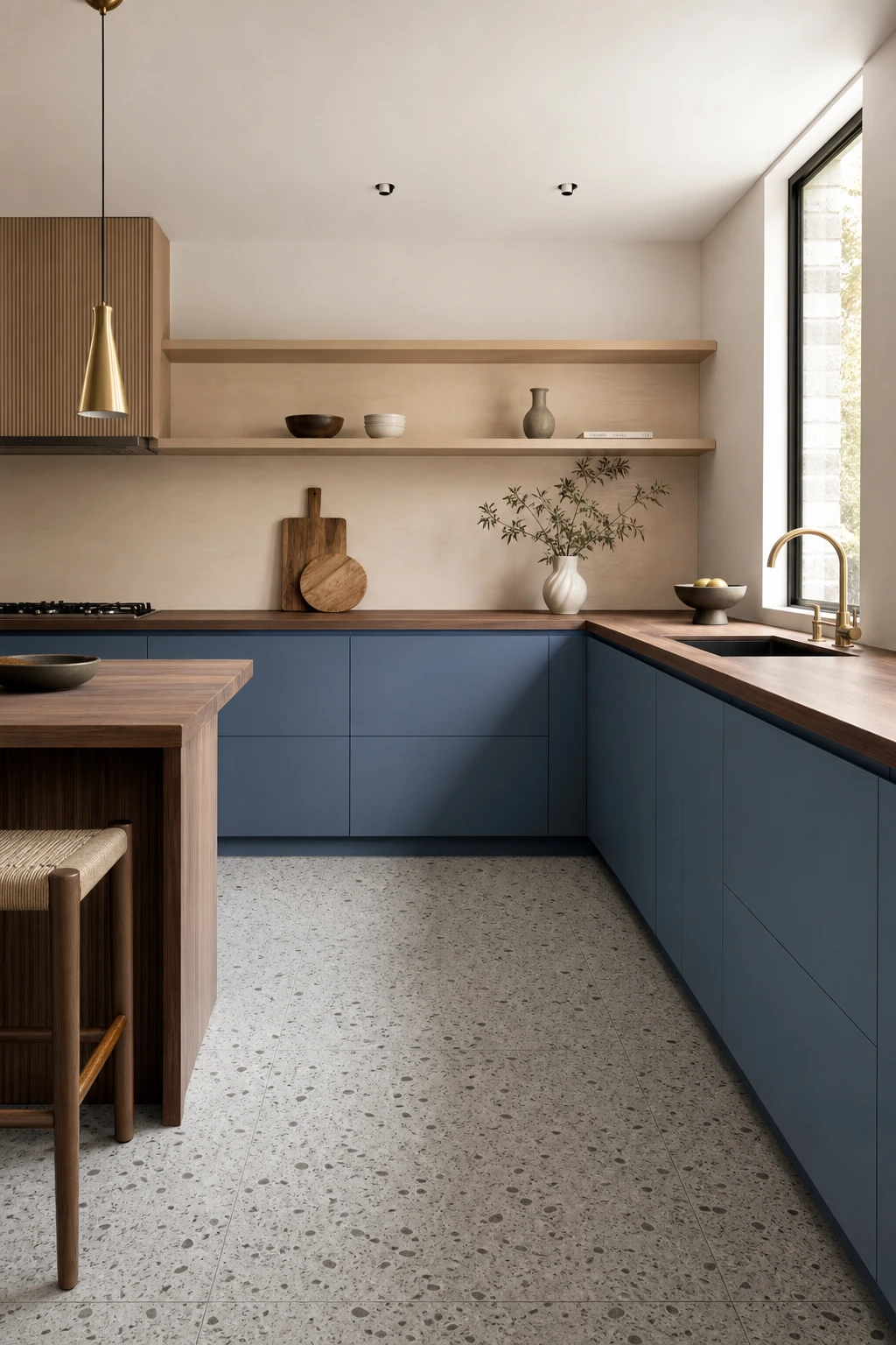 Mid century modern Japandi kitchen with dusty blue lower cabinets, walnut wood countertops, open upper shelving, and warm morning light from a side window