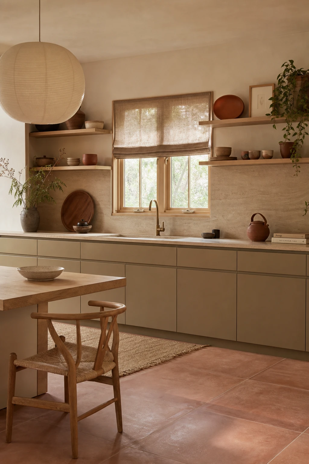 Mid Century Modern Japandi kitchen with earthy palette of terracotta, warm sand and raw linen tones, Farrow & Ball Oxford Stone cabinetry, natural light
