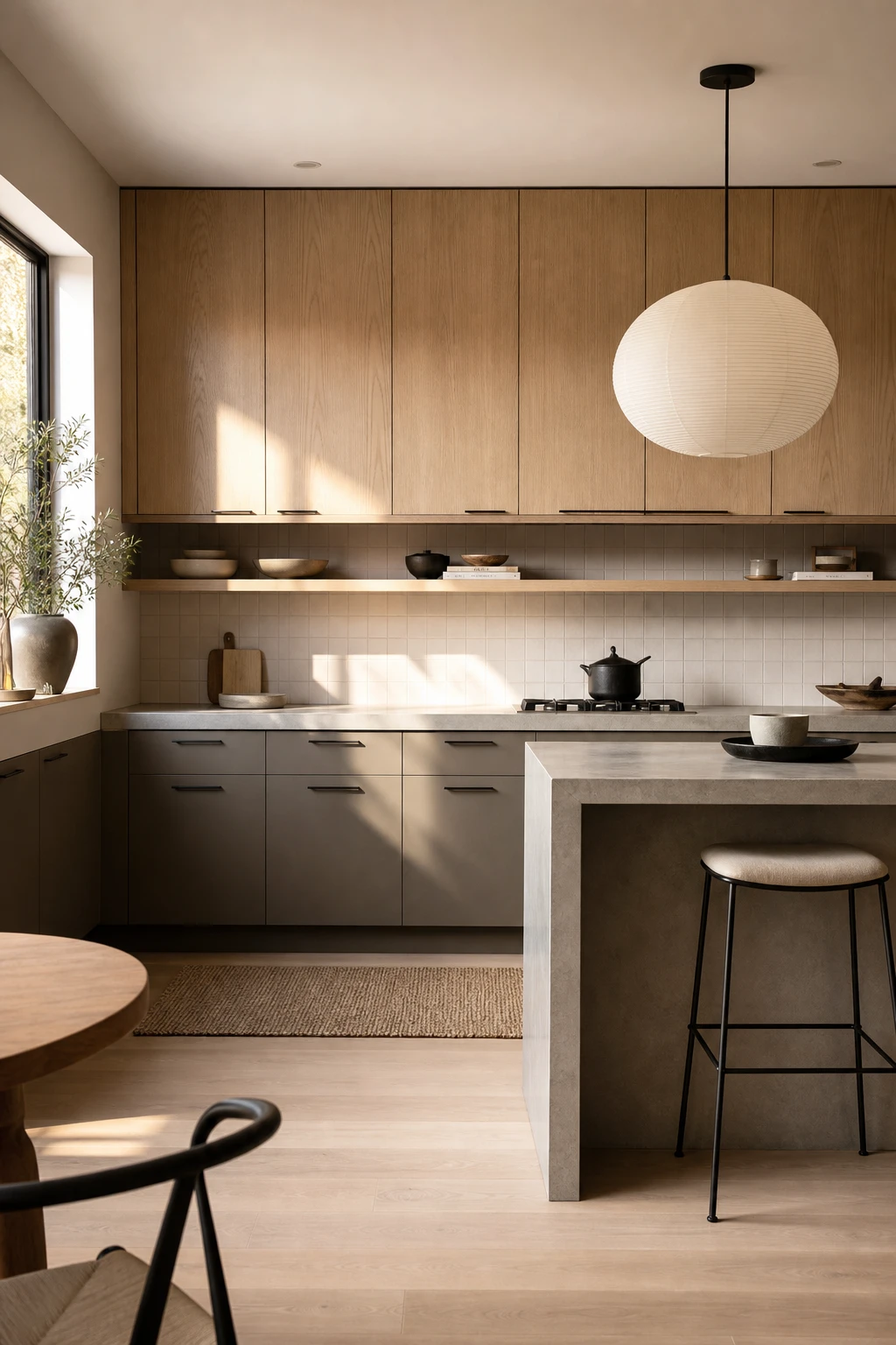 Mid Century Modern Japandi kitchen with Farrow and Ball Mouse's Back painted lower cabinets contrasted against raw wood upper cabinet doors, warm natural light