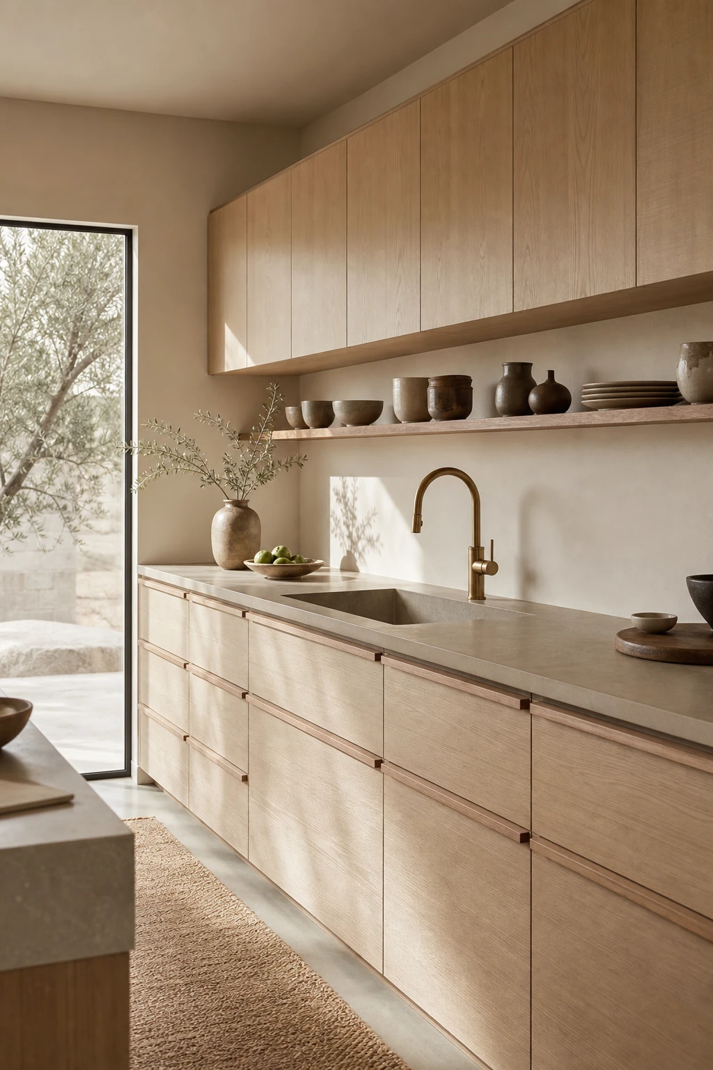 Mid Century Modern Japandi kitchen with flat front warm wood cabinets, stone countertops, open shelving, and Skimming Stone painted walls in soft natural light