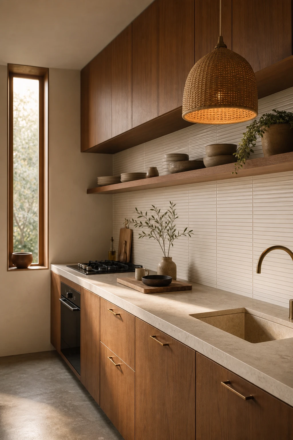 Mid century modern Japandi kitchen with horizontal kit kat tile backsplash in warm white, timber cabinetry, open shelving, and rattan pendant light