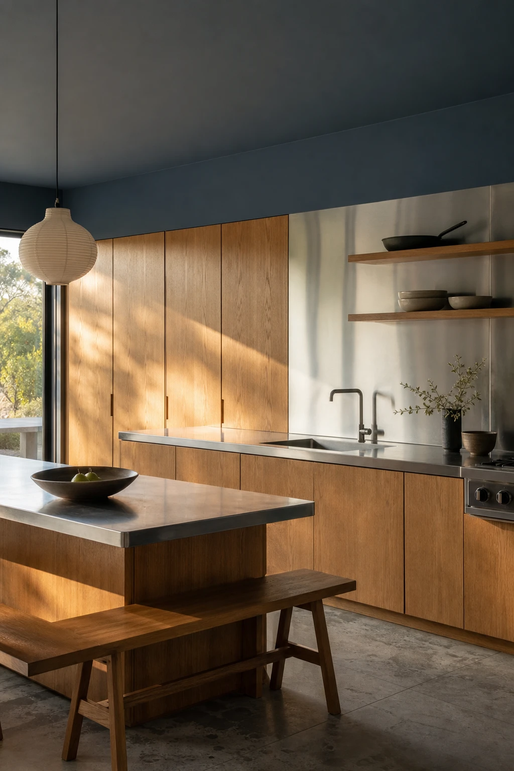 Mid century modern Japandi kitchen with oak cabinetry and brushed stainless steel surfaces under warm morning light, painted in Farrow and Ball Barrow Blue