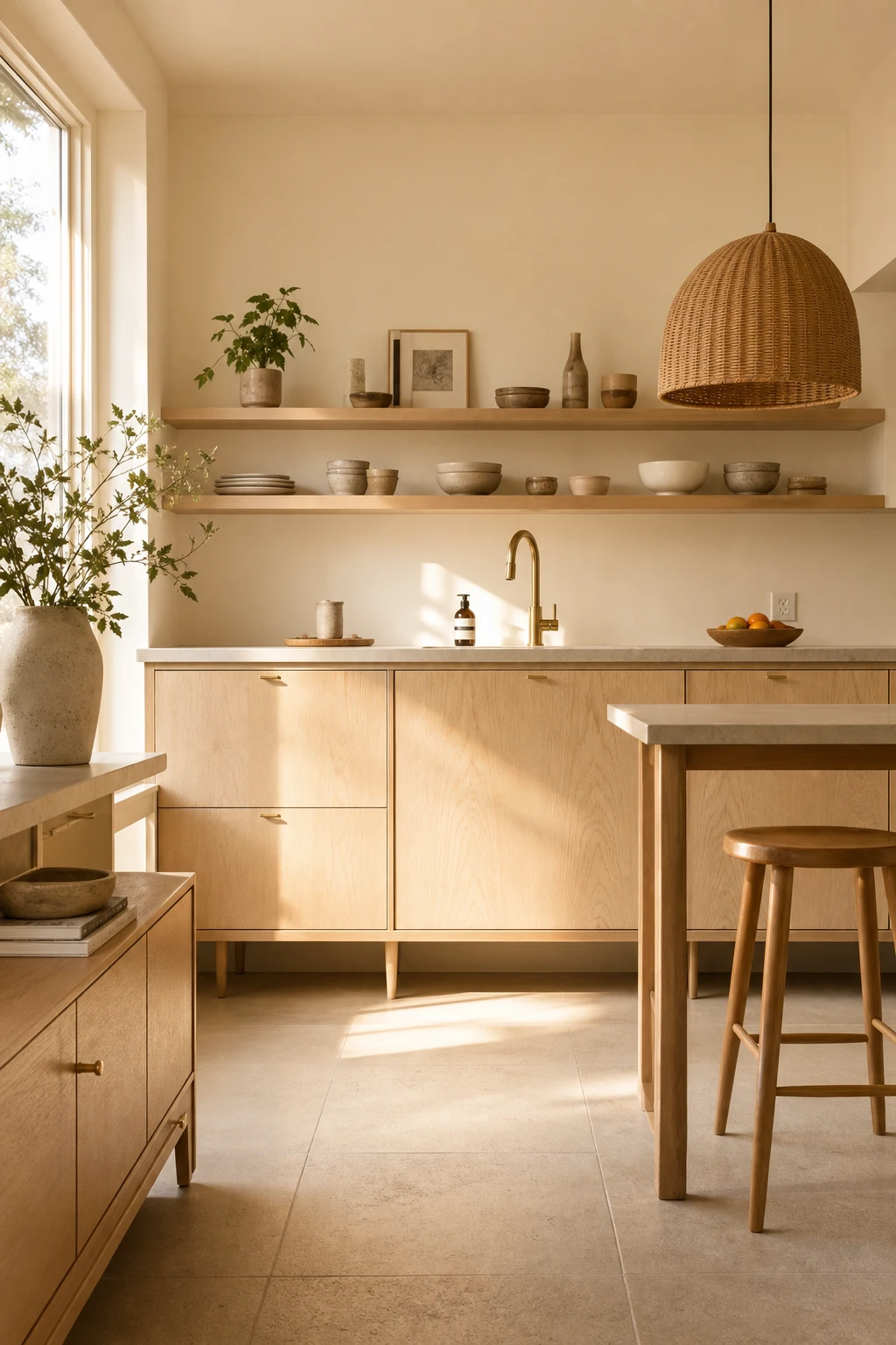 Mid Century Modern Japandi kitchen with pale birch wood cabinet fronts as the hero, warm neutral walls, open shelving, stone countertop and rattan pendant light