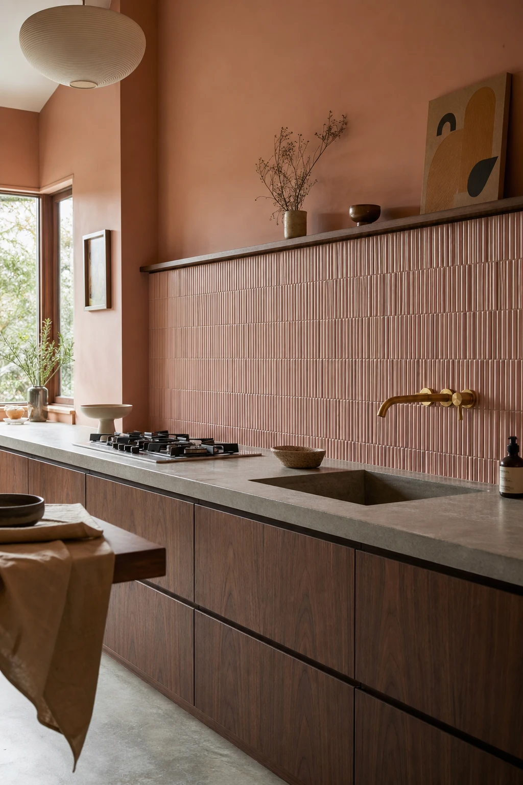 Mid century modern Japandi kitchen with pink kit kat mosaic tiles as splashback hero, warm timber cabinetry, concrete countertop and natural light