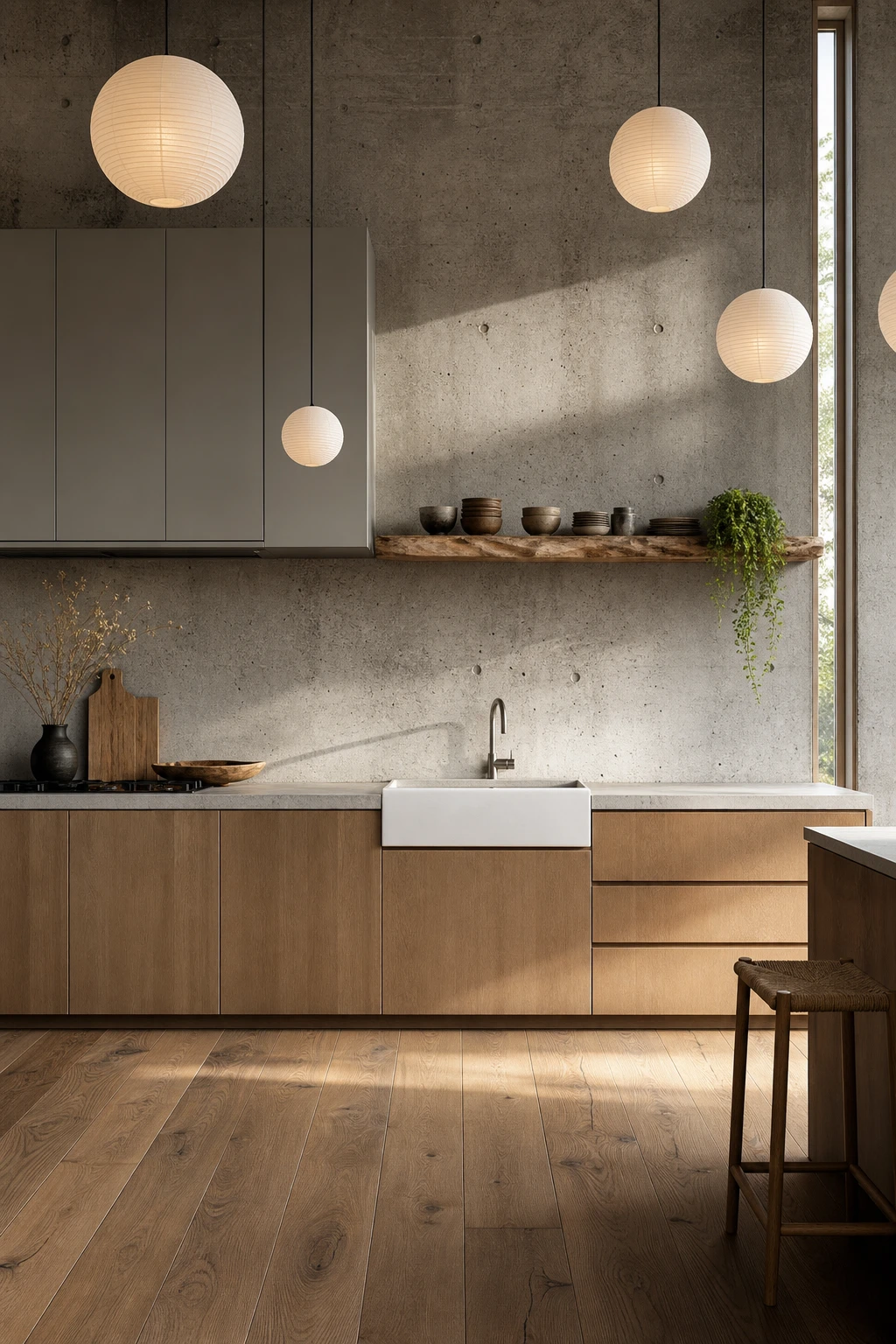 Mid Century Modern Japandi kitchen with raw concrete walls, warm timber floor, matte cabinetry, and pendant lighting in a wabi sabi palette