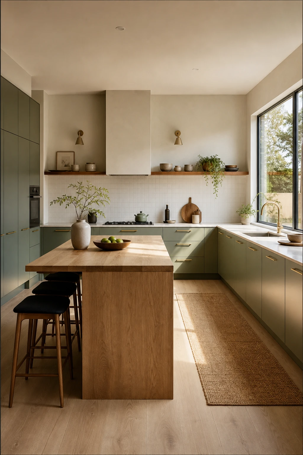 Mid Century Modern Japandi kitchen with sage green perimeter cabinets, a warm natural wood island, and open shelving under warm directional light
