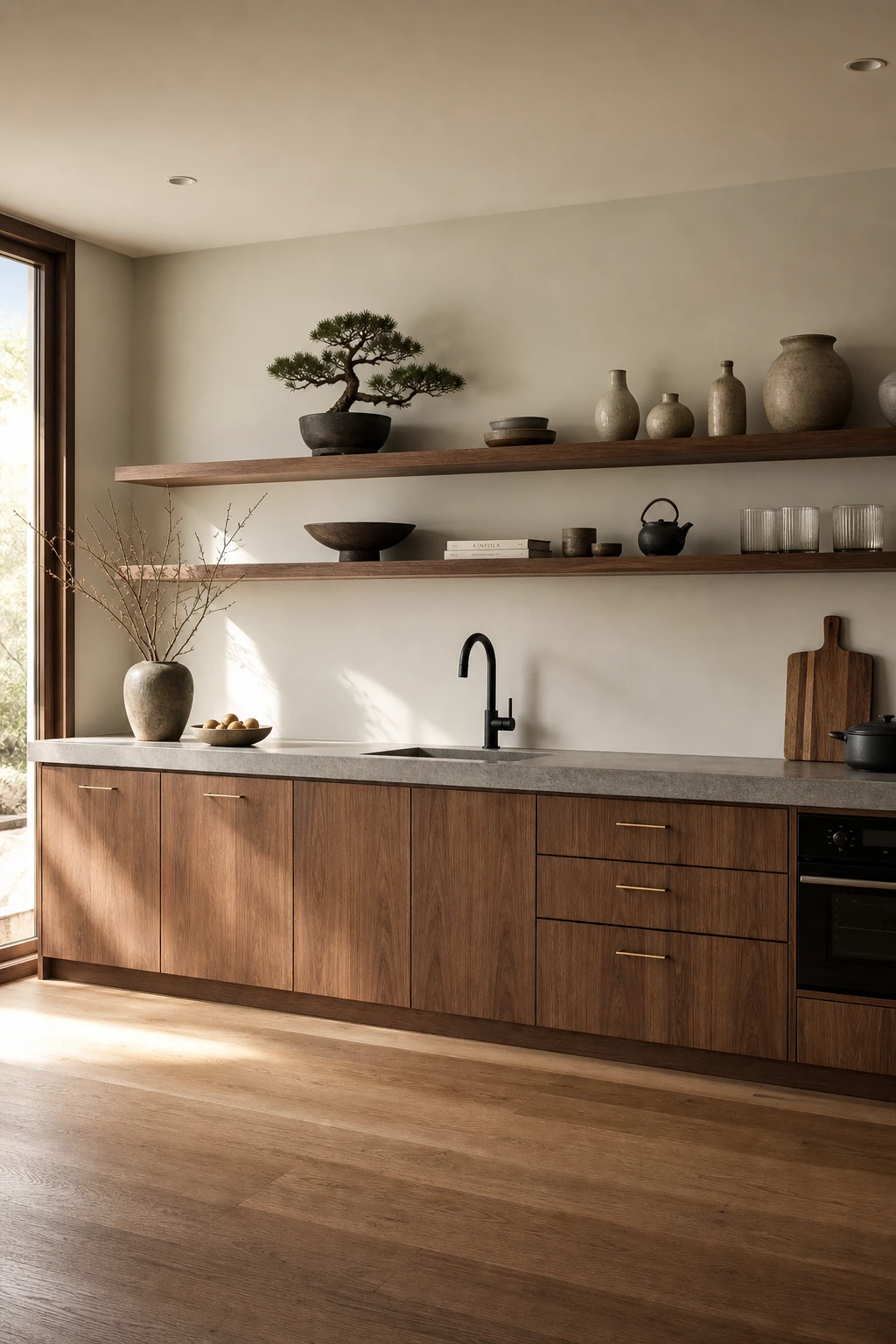 Mid Century Modern Japandi kitchen with single wall layout, flat front cabinetry, open shelving, and Farrow and Ball Cornforth White walls in soft natural light