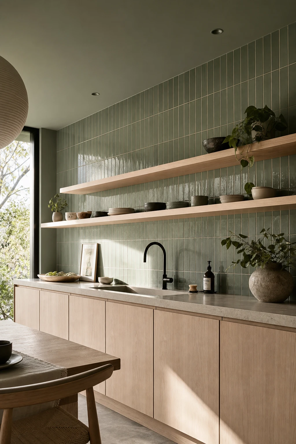 Mid Century Modern Japandi kitchen with vertical green tiles as hero feature, flat front cabinetry, open shelving, and warm timber accents under soft natural light