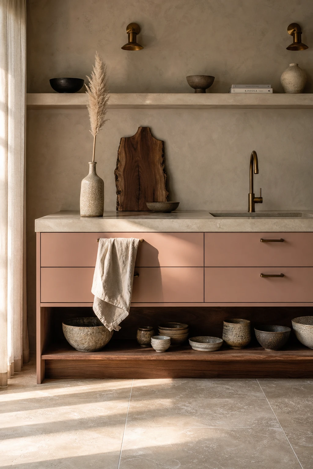 Mid century modern Japandi kitchen with wabi sabi styling featuring handmade ceramics, linen textiles, irregular textures and Farrow & Ball Smoked Trout painted cabinetry