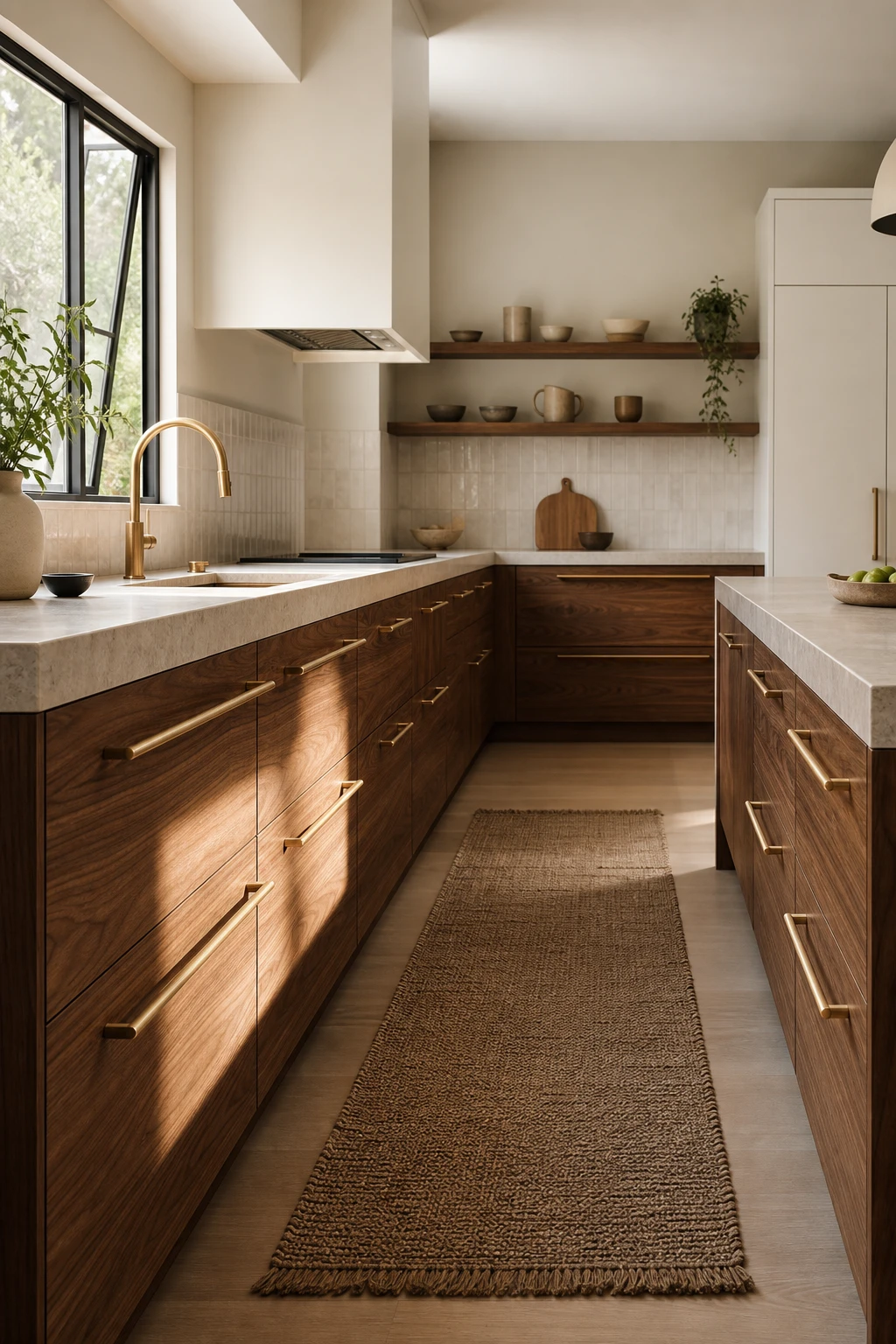 Mid Century Modern Japandi kitchen with walnut lower cabinets, white upper cabinets, stone countertops, and warm morning light on Farrow and Ball Drop Cloth walls