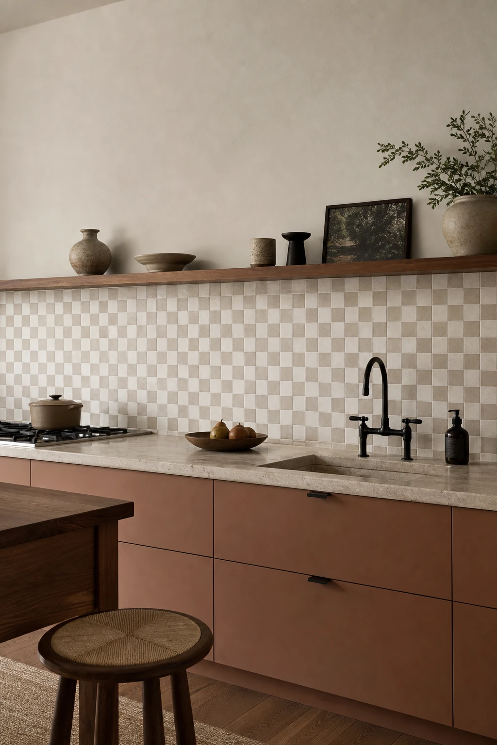 Mid century modern Japandi kitchen with warm neutral checker tile backsplash, flat front cabinetry, walnut open shelving, and matte black tap under soft morning light