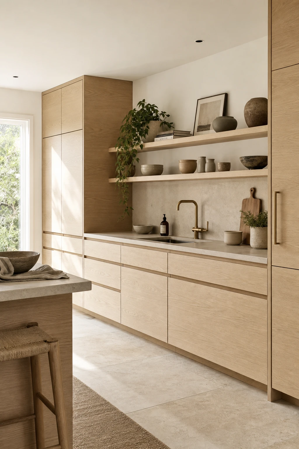 Mid Century Modern Japandi kitchen with white oak flat front cabinets, stone countertops, integrated pulls, and Farrow and Ball Strong White walls in soft natural light
