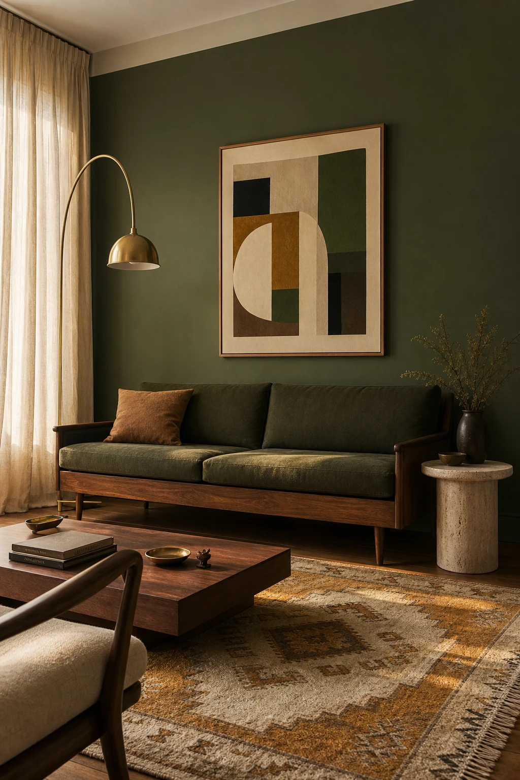Mid century modern living room with a Farrow and Ball Churlish Green accent wall behind a walnut sofa, warm afternoon light, magazine quality interior photography