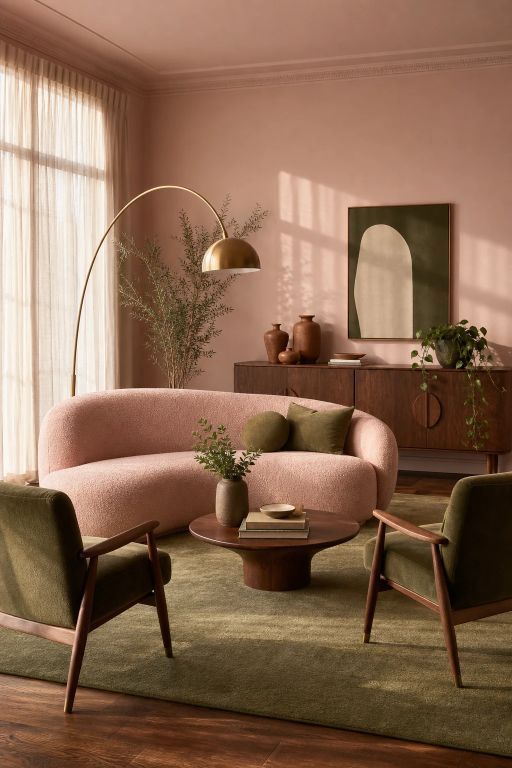 Mid century modern living room with green and blush as the hero, featuring walnut furniture, curved sofa, and Farrow and Ball Pink Ground walls