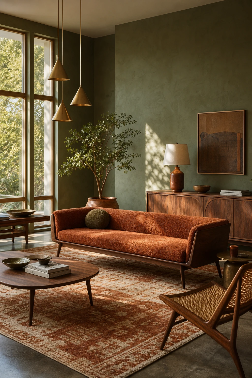 Mid century modern living room with green and rust as the hero colour duo, walnut furniture, textured wool rug, and warm afternoon light
