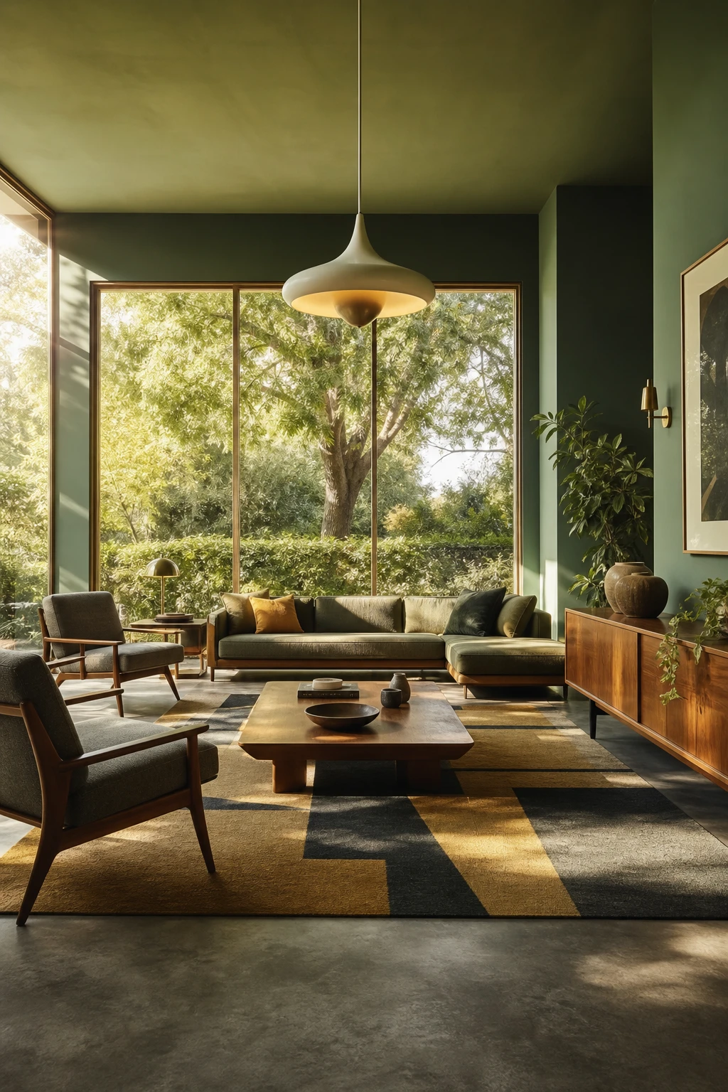 Mid century modern living room with large windows flooding Farrow and Ball Sap Green walls with natural light, walnut furniture and geometric rug
