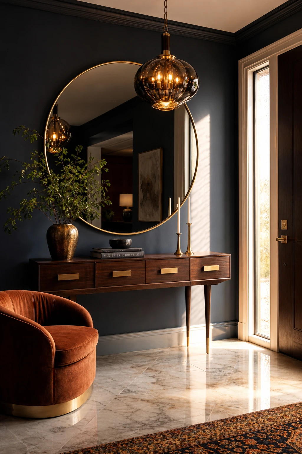 Midcentury glam entryway with a dramatic Hague Blue wall, sculptural pendant light, walnut console table, and oversized round mirror in warm afternoon light