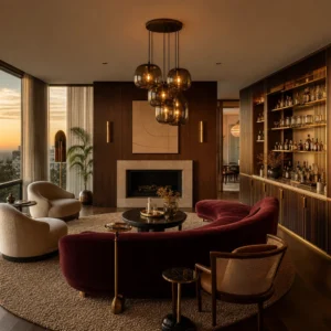 Midcentury Glam open plan living room with a burgundy curved sofa, walnut wall panels, a 1970s smoked glass pendant, built in bar cabinet, and warm golden hour light across walnut flooring.