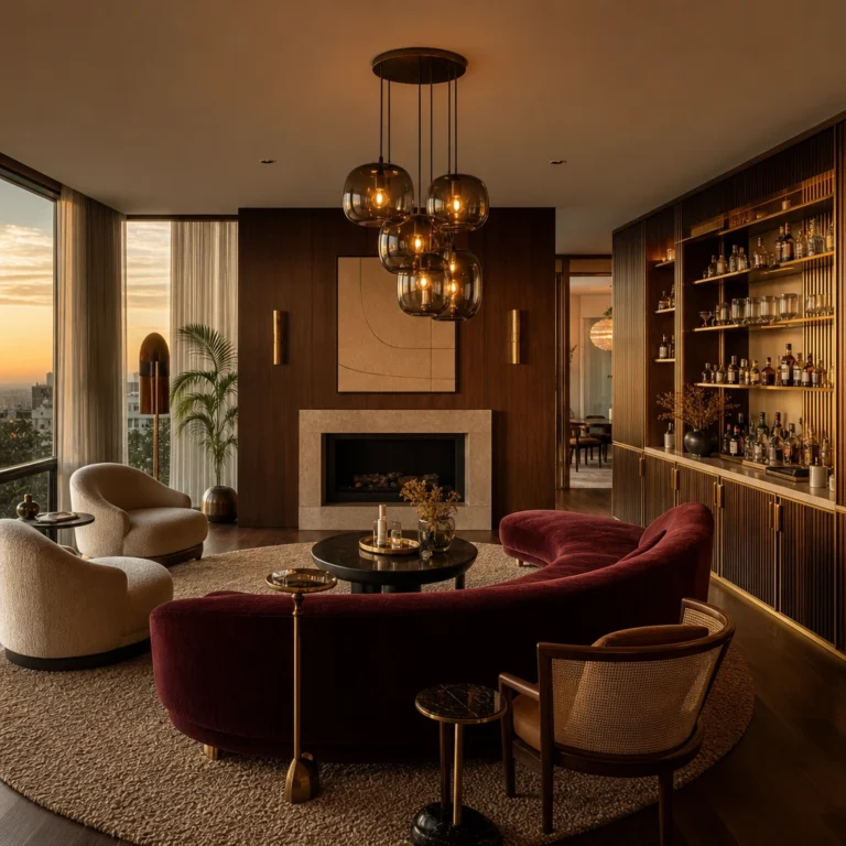 Midcentury Glam open plan living room with a burgundy curved sofa, walnut wall panels, a 1970s smoked glass pendant, built in bar cabinet, and warm golden hour light across walnut flooring.