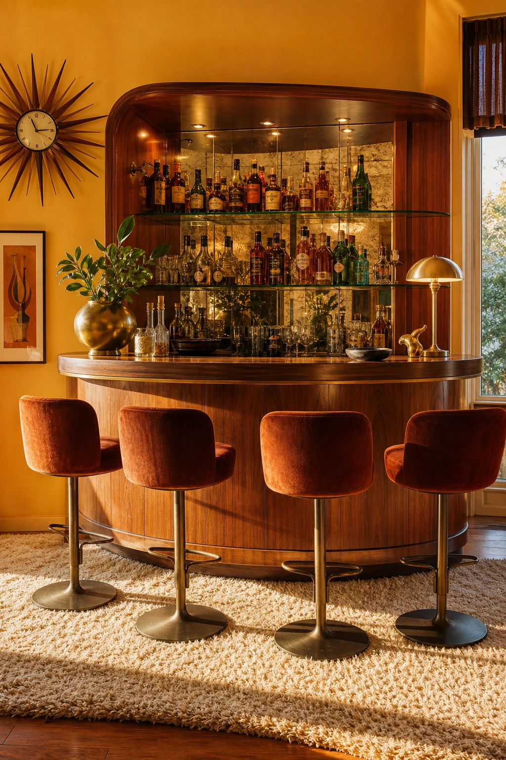 Midcentury glam interior with a 1970s cocktail bar corner featuring a curved teak cabinet, backlit bottle display, velvet stools and India Yellow walls