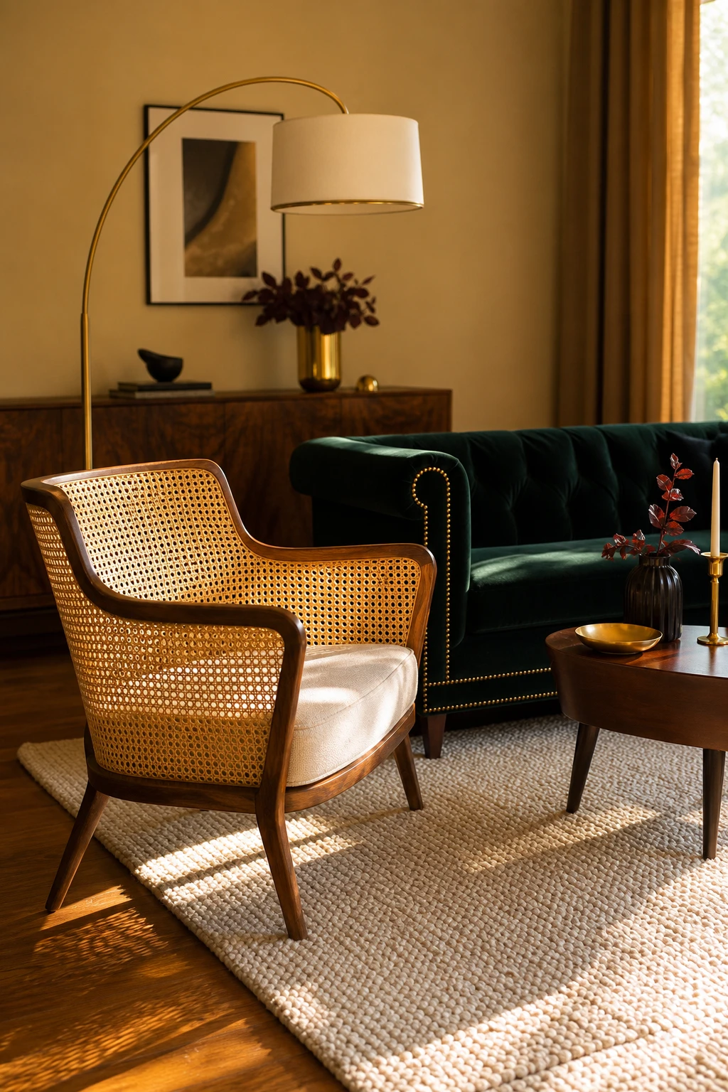 Midcentury glam interior with a caned armchair as the focal point, warm neutral walls, walnut side table, sculptural floor lamp and velvet sofa