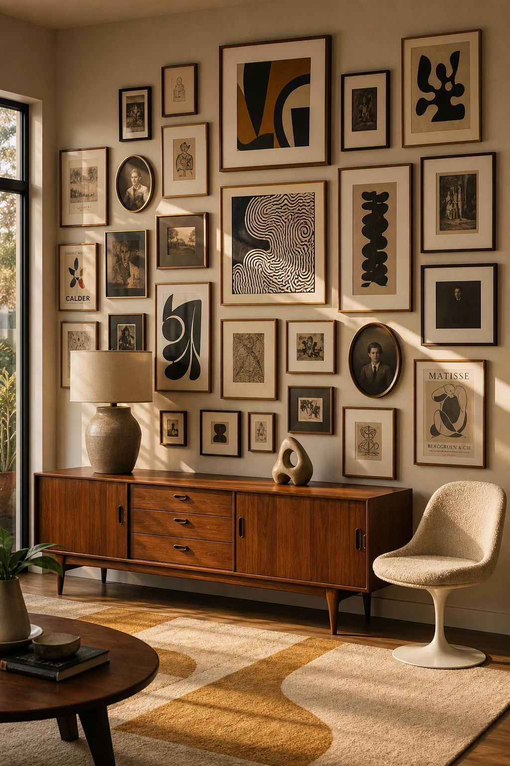Midcentury Glam interior with a curated gallery wall of mixed frames and abstract art above a teak credenza, warm neutral walls, soft ambient light