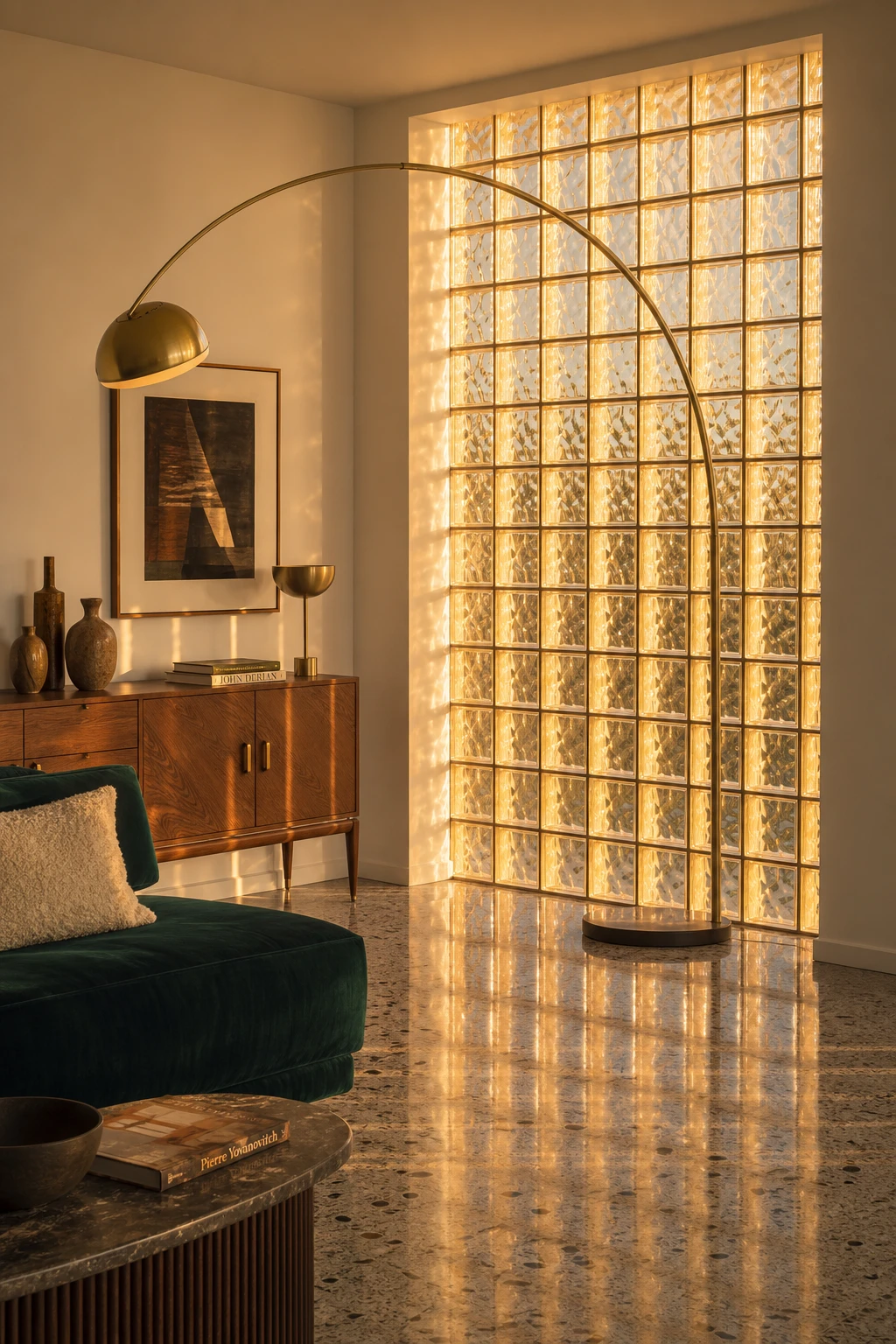 Midcentury glam interior with a glass block wall dividing a living space, warm amber light filtering through blocks, walnut furniture, and Strong White painted ceiling