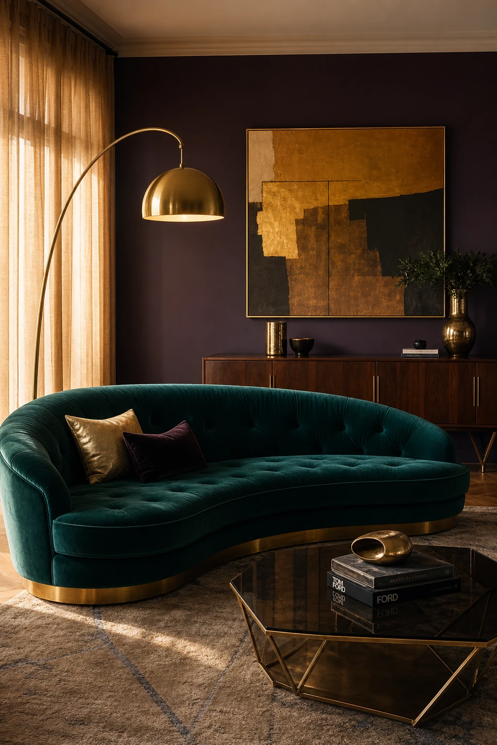 Midcentury glam living room anchored by a deep velvet sofa in rich jewel tone, with sculptural brass lamp, abstract art, and walnut credenza against a moody purple wall