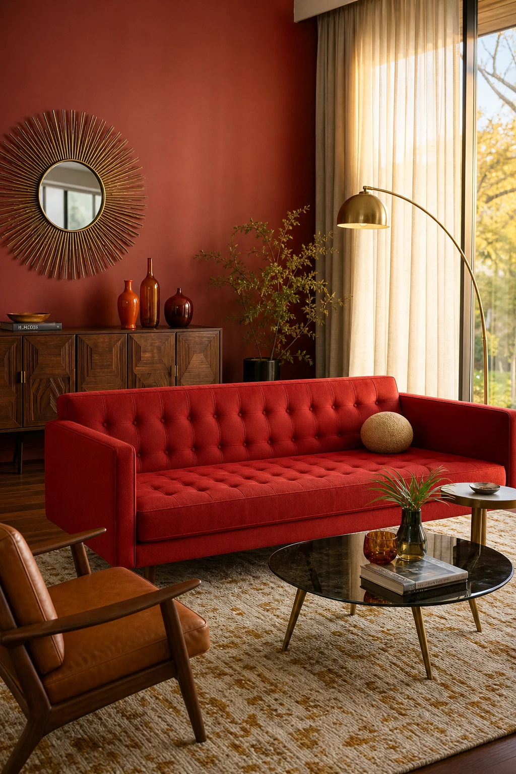 Midcentury glam living room with a bold red sofa as the centrepiece, styled with walnut furniture, brass lighting and Farrow Ball Rectory Red walls