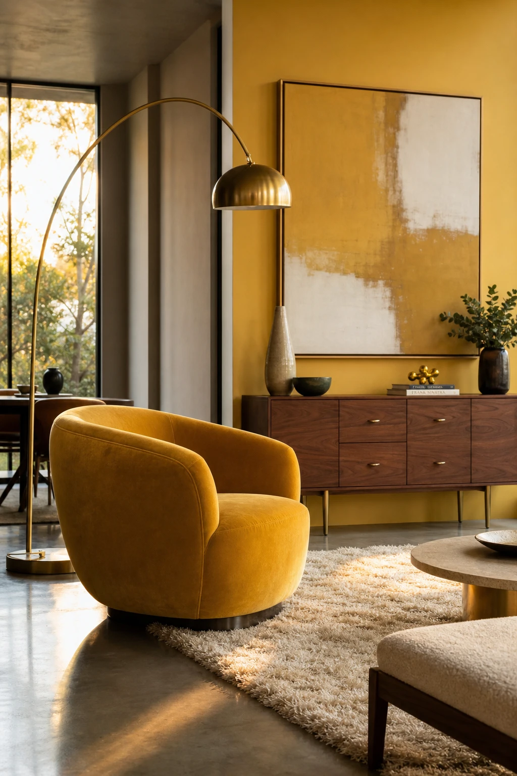 Midcentury glam living room with a bold yellow accent chair as hero, walnut sideboard, sculptural floor lamp, shag rug, and large abstract wall art in warm afternoon light