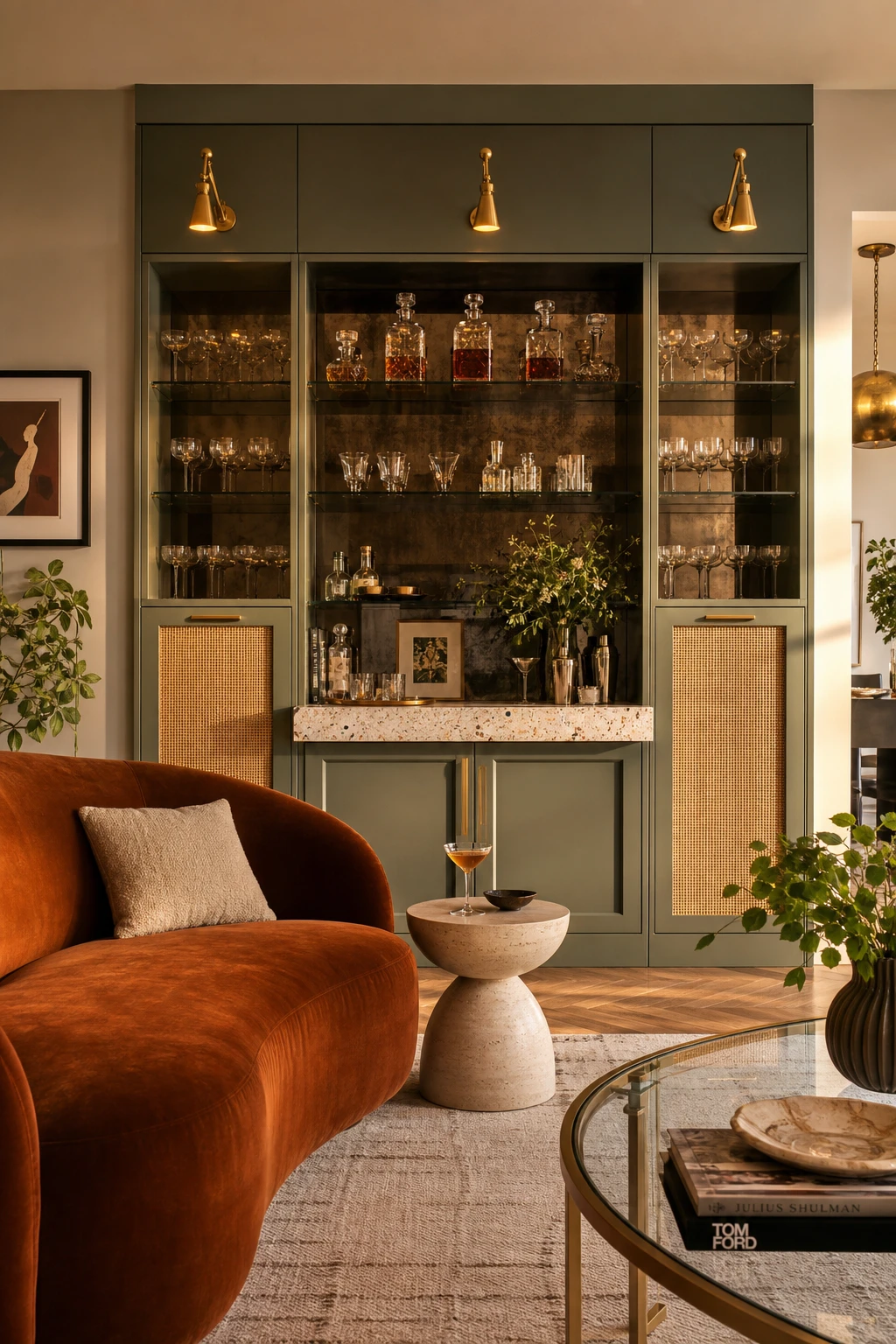 Midcentury glam living room with a built in bar cabinet in Farrow & Ball Green Smoke, brass fittings, smoked glass shelves, cane paneling, and a terrazzo floor