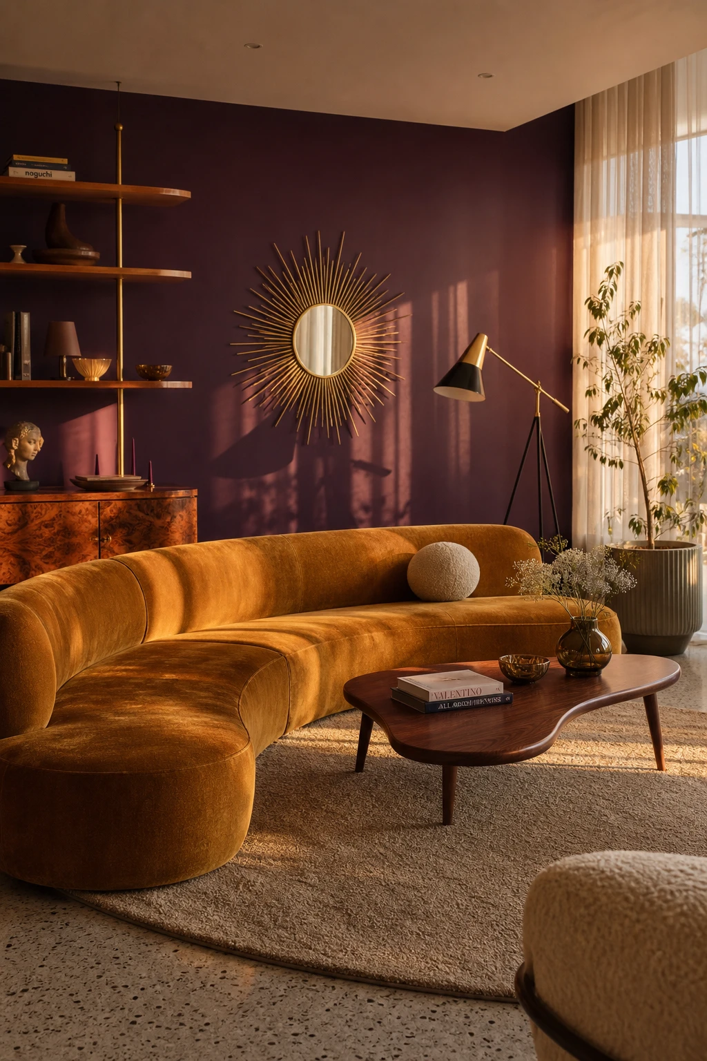 Midcentury glam living room with a curved sofa as the hero, velvet upholstery, walnut coffee table, sculptural floor lamp, and Farrow & Ball Brassica walls