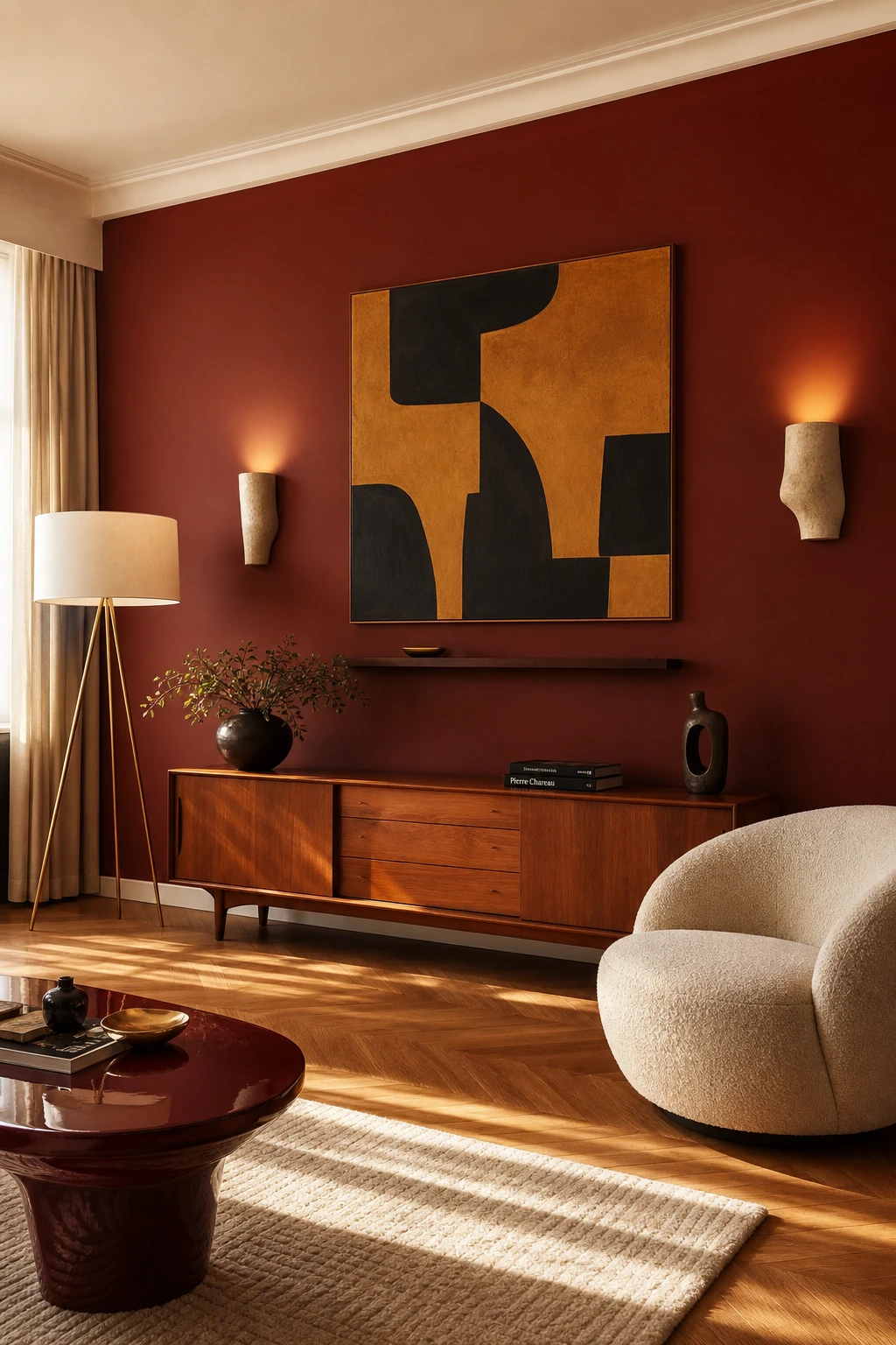Midcentury glam living room with a deep red feature wall, a curved walnut sideboard, sculptural floor lamp, and abstract art in warm evening light.