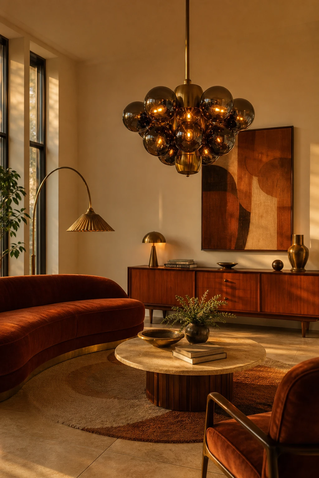 Midcentury glam living room with a dramatic 1970s pendant light as hero, warm Farrow and Ball Tallow walls, teak furniture and smoked glass accents