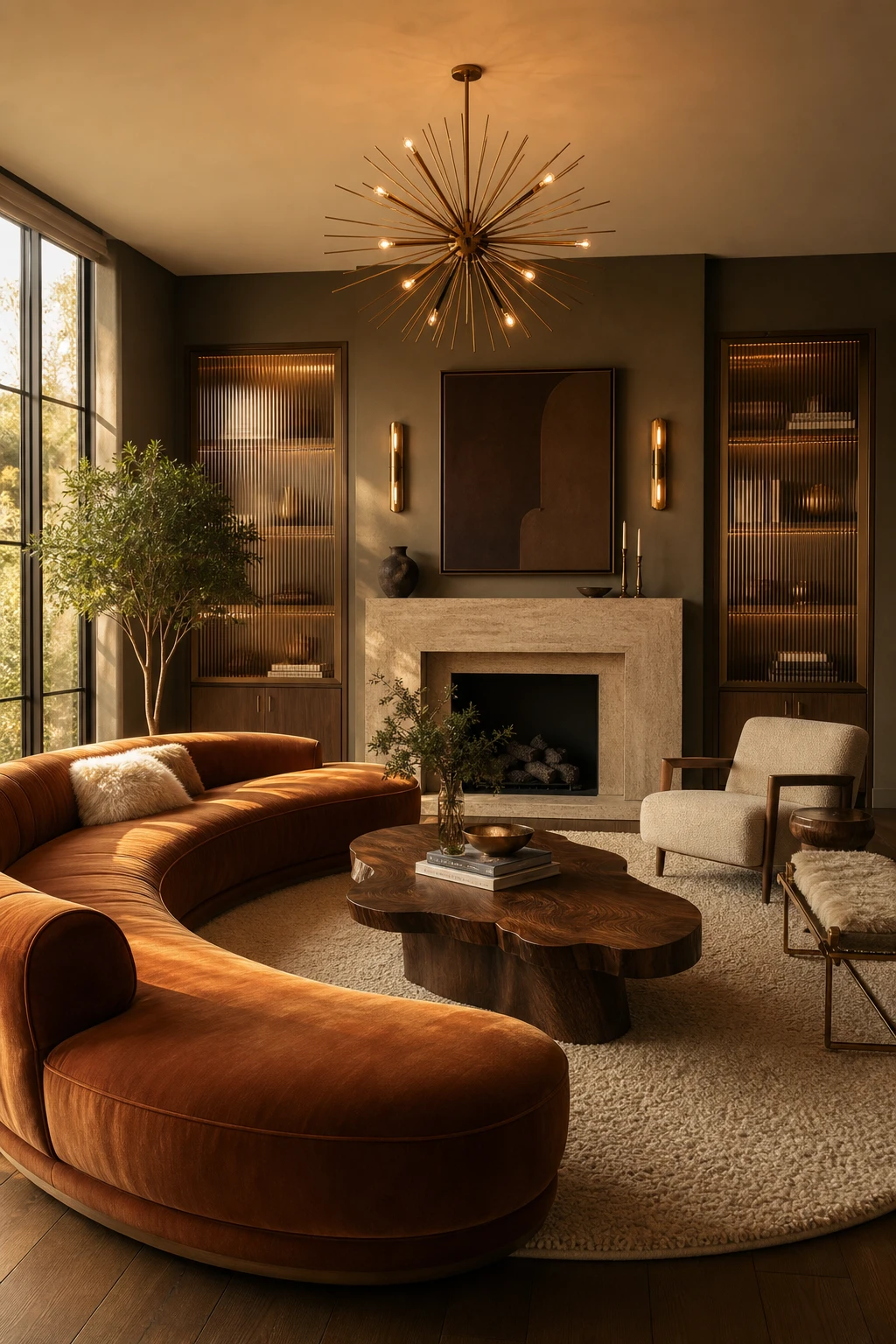 Midcentury glam living room with a sculptural sofa, brass accents, warm Mole's Breath walls, walnut furniture and statement lighting