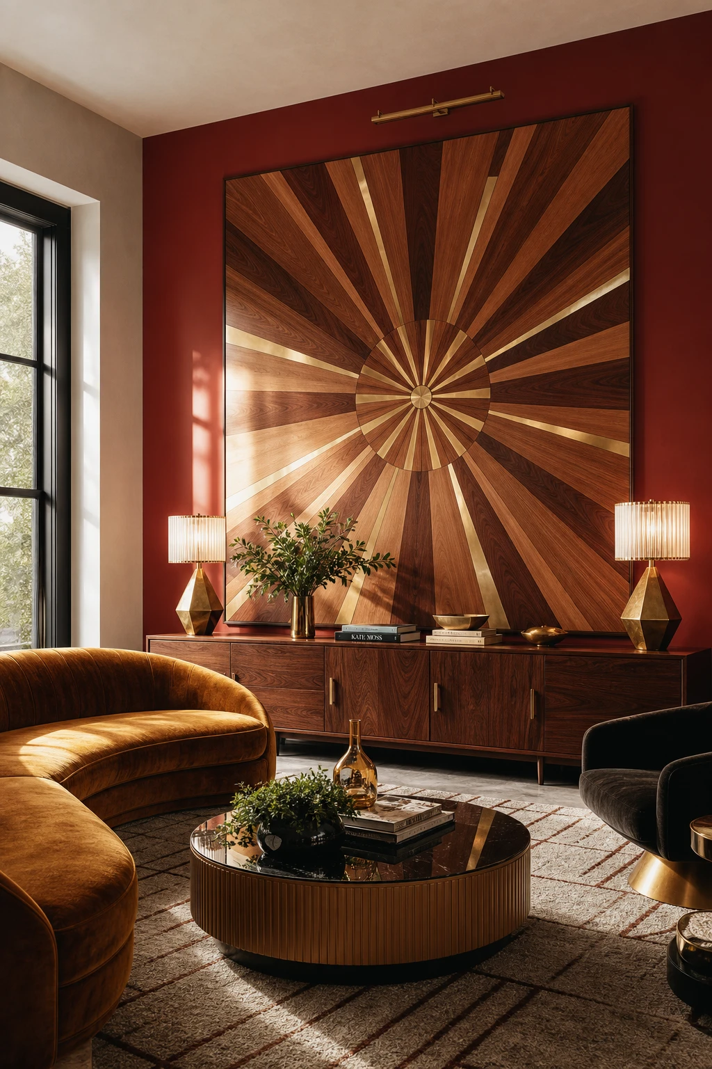 Midcentury glam living room with Art Deco geometric detail as hero, walnut furniture, brass accents, and Farrow and Ball Preference Red accent wall