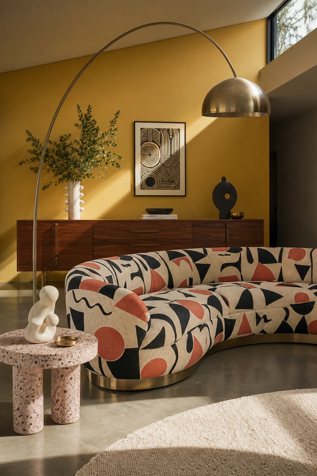 Midcentury glam living room with bold Memphis pattern upholstery as hero, walnut credenza, sculptural floor lamp, terrazzo side table, Farrow and Ball Babouche yellow accent wall