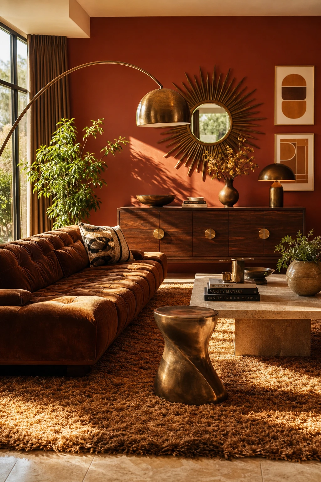 Midcentury Glam living room with bronze accents as hero, warm walnut furniture, sculptural floor lamp, and Farrow and Ball Fox Red wall