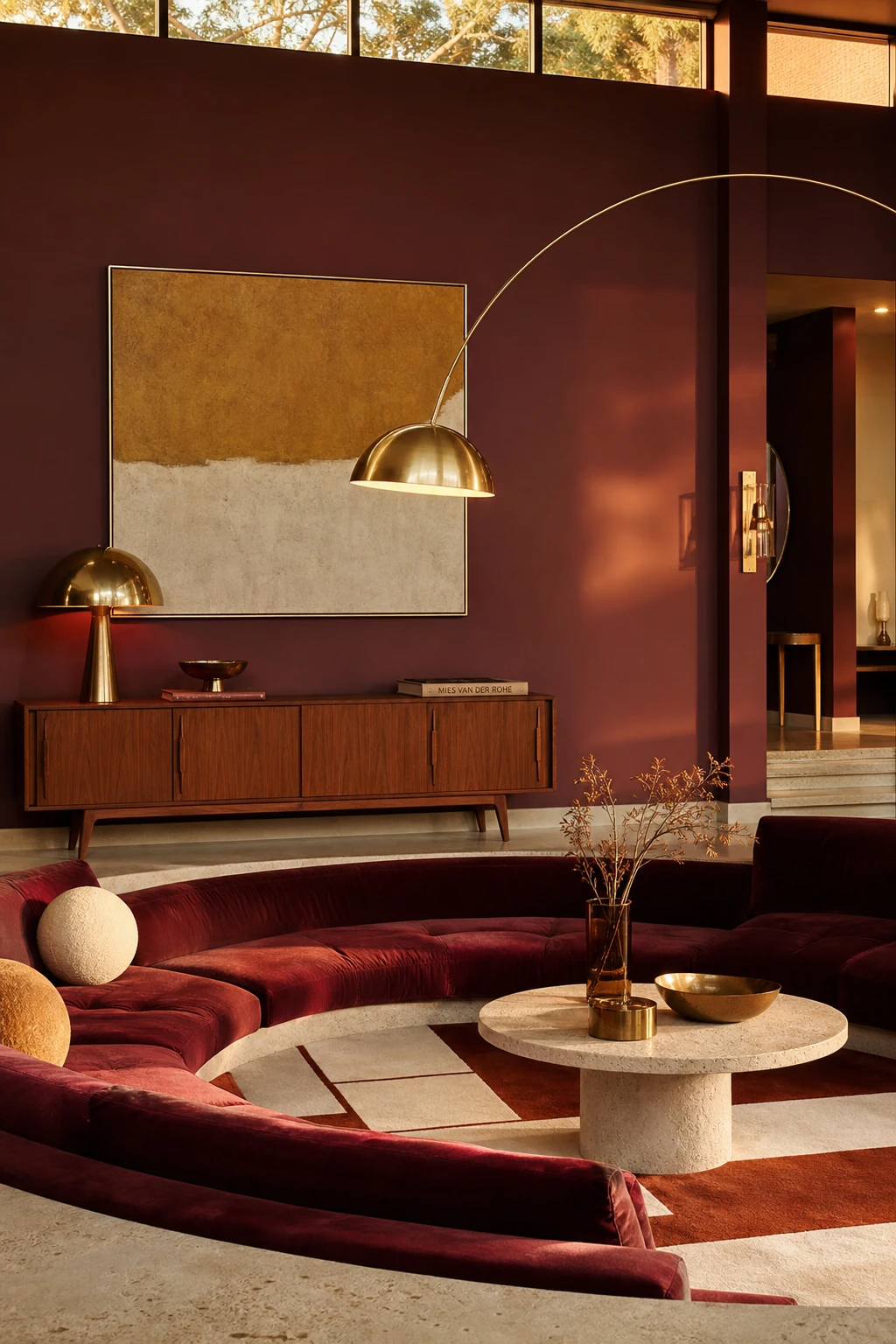 Midcentury glam living room with burgundy velvet sofa, walnut credenza, brass arc floor lamp, and Farrow and Ball Radicchio painted walls in warm evening light